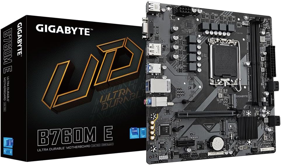 GIGABYTE B760M E Motherboard - Supports 14th Gen. Intel Core CPUs, 6+1+1 Phases VRM, up to 7200MHz DDR5 (OC), 2xPCIe 4.0 M.2, 1 GbE LAN, USB 3.2 Gen 1