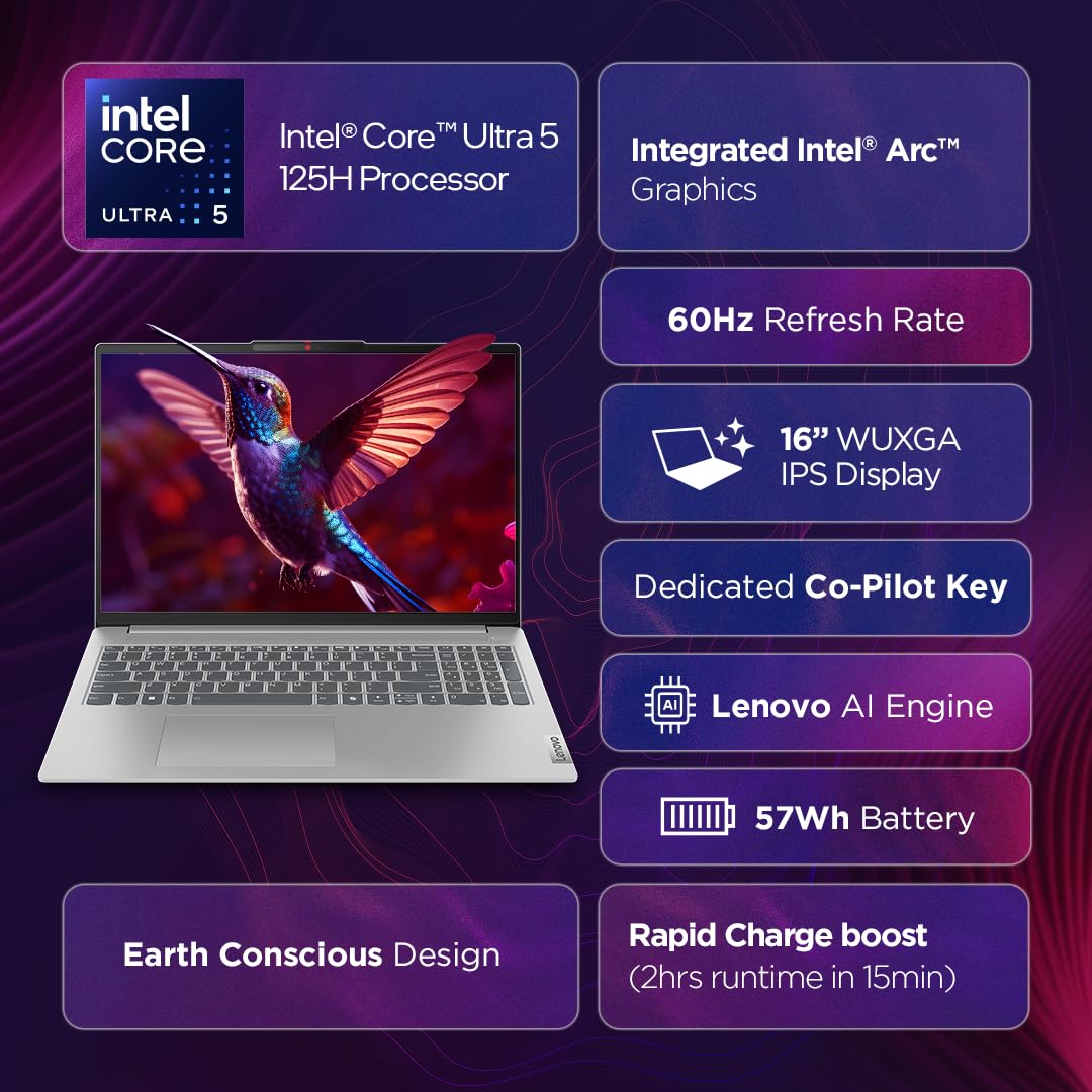 Lenovo IdeaPad Slim 5 Intel Core Ultra 5 125H Built-in AI 16" (40.64cm) WUXGA-IPS 300Nits Thin & Light Laptop (16GB/512GB SSD/Win 11/100%sRGB/MSO/1Yr ADP Free/3 month Game Pass/Grey/1.8Kg), 83DC007LIN