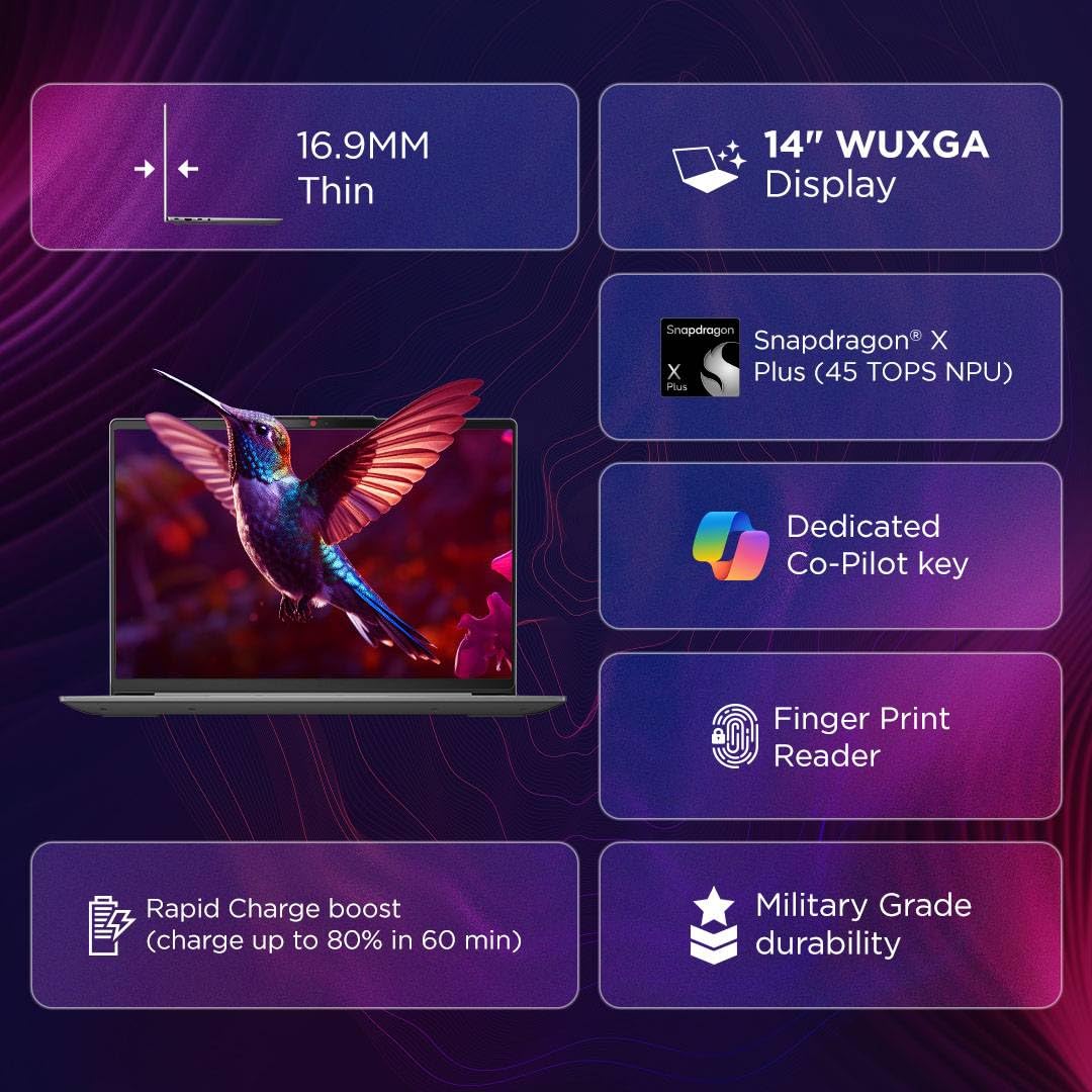 Lenovo IdeaPad Slim 5 Snapdragon X Plus X1P-42-100, Copilot+ AI PC (Qualcomm Adreno iGPU/45TOPS/16GB RAM/1TB SSD/WUXGA IPS Display/14(35.5cm)/Win 11/MS Office 2021/Grey/1.89Kg), 83HL0035IN AI Laptop