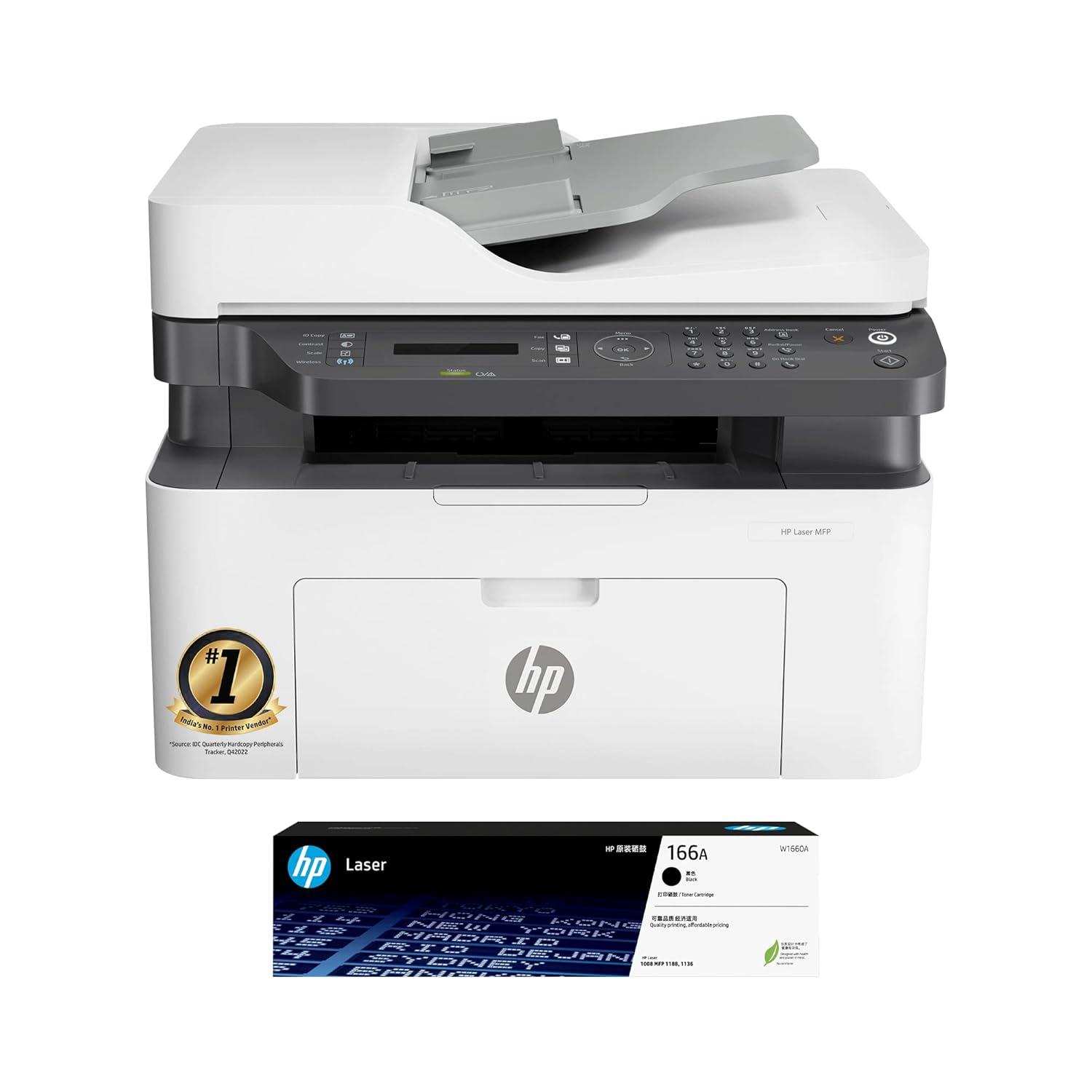 HP Laser MFP 1188fnw, Wireless, Print, Copy, Scan, Fax, 40-Sheet ADF, Hi-Speed USB 2.0, Ethernet, Up to 21 ppm, 150-sheet Input Tray, 100-sheet Output Tray, 1-Year Warranty, Black and White, 715A5A