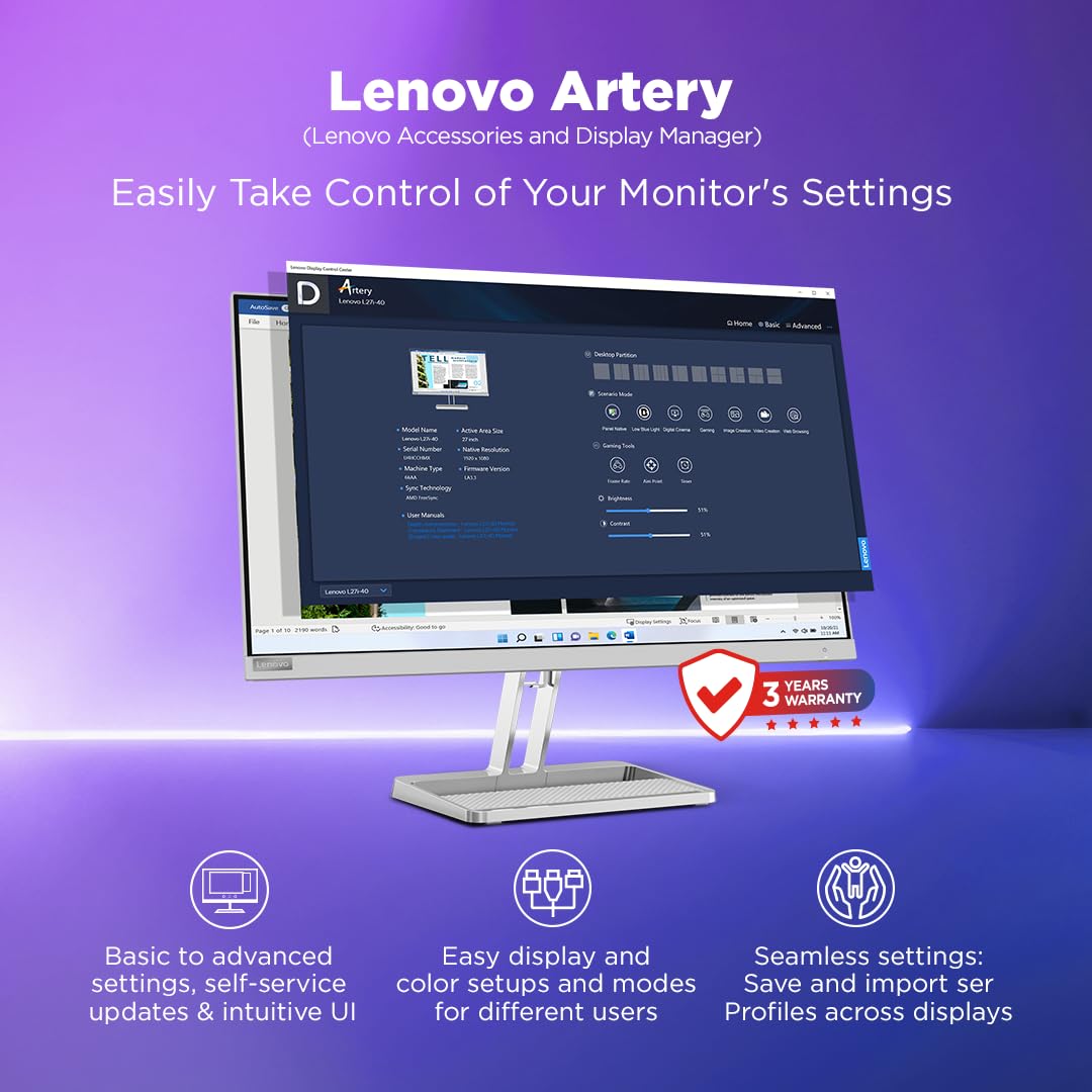 Lenovo L27i-4A, 27 inch (68.5cm), IPS, FHD 1920x1080, 100Hz, Cloud Grey, 1ms, FreeSync, 99% sRGB, 3Wx2 Speakers, Smart Display Customization Artery, 2X HDMI 1.4, VGA, Tilt Monitor