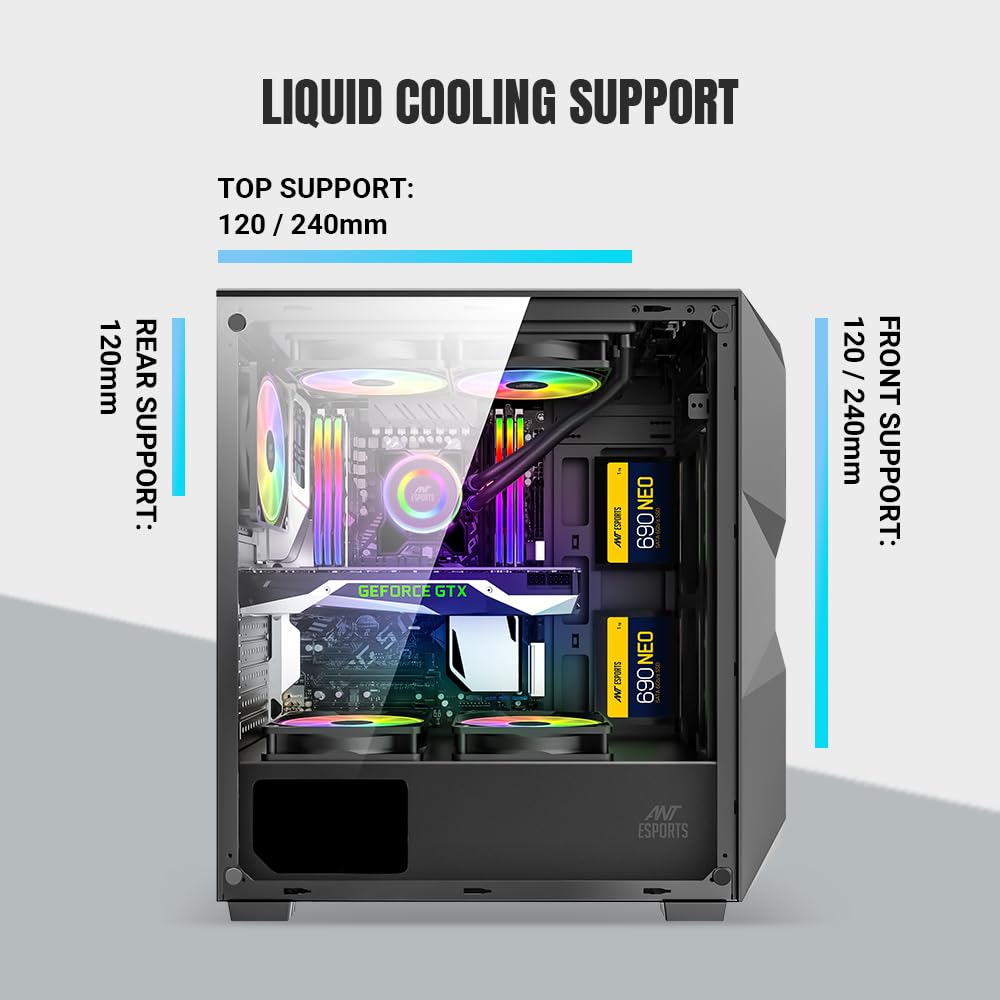 Ant Esports ICE-300 Mesh V2 Mid Tower Gaming Cabinet | High Airflow Mesh Front Panel | 4 Pre-Installed 120mm ARGB Fans | ATX, Micro-ATX, Mini-ITX Motherboard Support | Liquid Cooling Ready (Black)