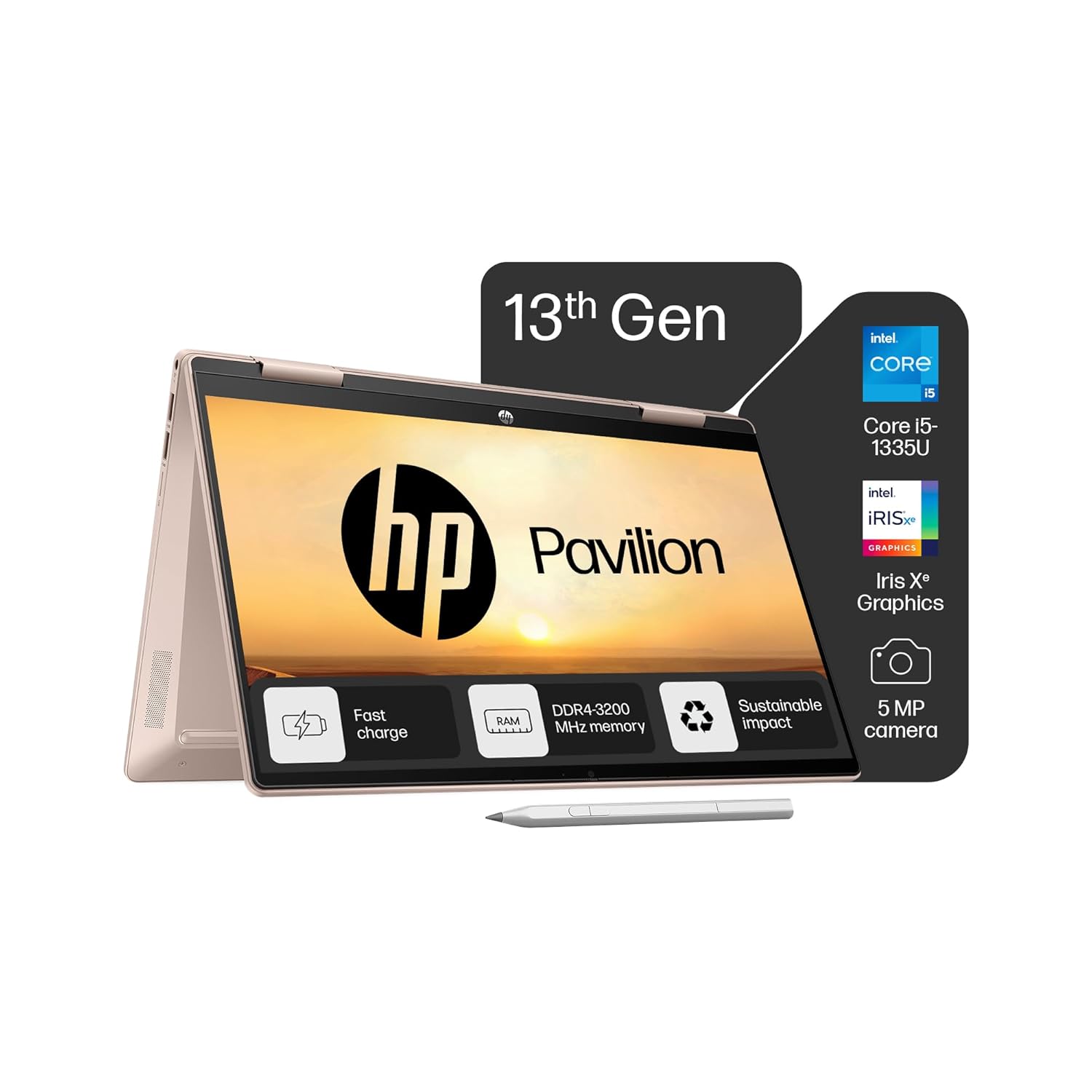HP Pavilion x360, 13th Gen Intel Core i5-1335U, 16GB DDR4, 1TB SSD, (Win11, Office21, Rose Gold,1.41kg), Touchscreen, IPS, 14inch(35.6cm) FHD Laptop, Intel Iris Xe Graphics, 5MP Camera, Pen, ek1009TU