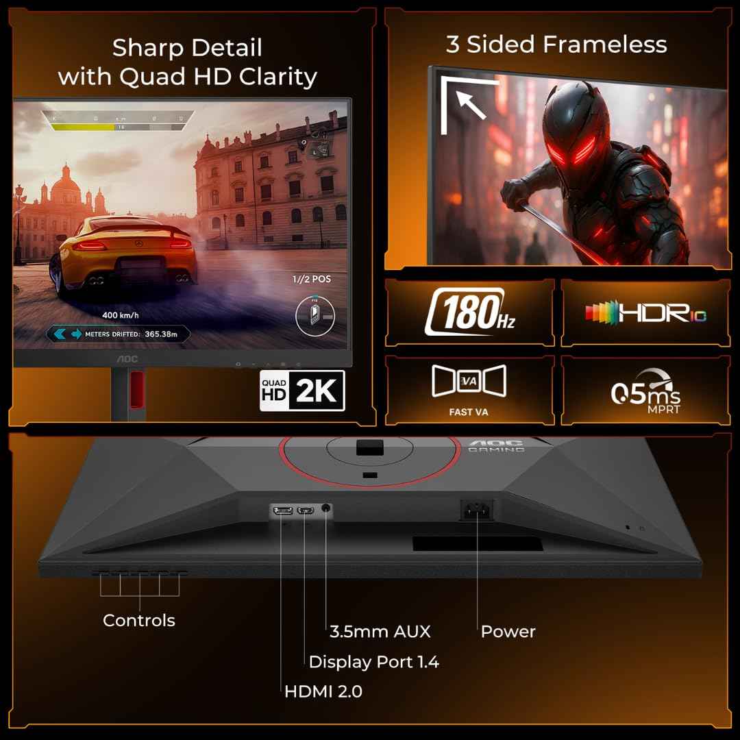 AOC CQ27G4 27"QHD 1500R Curved Gaming Monitor, 180Hz,0.5ms MPRT, HDR10, Adaptive Sync, 300 nits Brightness, Fast VA Panel, Height Adjustable Stand, Gaming Modes, Low Input Lag, Frameless, HDMI 2.0, DP