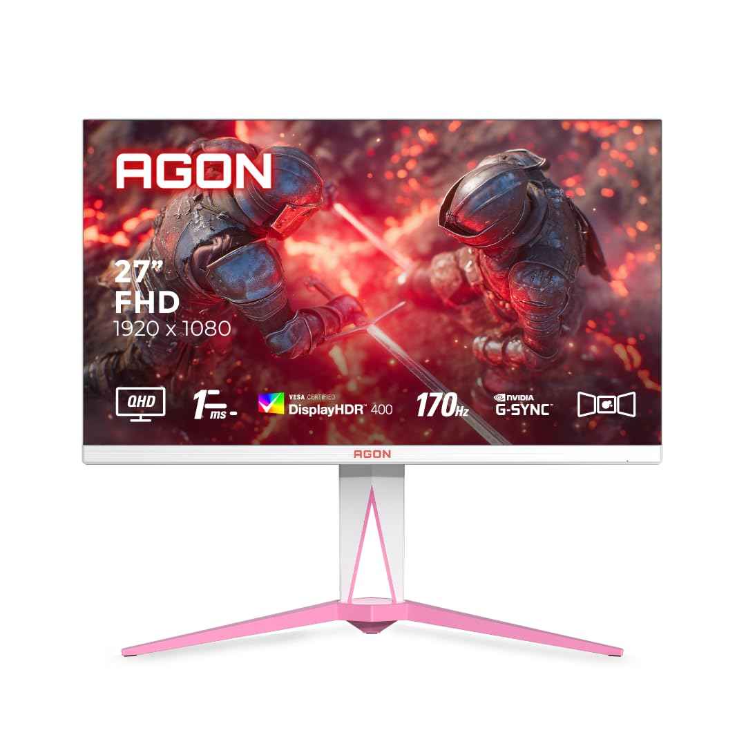 AOC AG275QXR 27" QHD White and Pink Gaming Monitor with Fast IPS, 170Hz Refresh Rate, 1ms, G-Sync Compatible, HDR400, Light FX Rear Illumination, Low Input Lag, Frame Less 3-Side Design, HDMI & DP