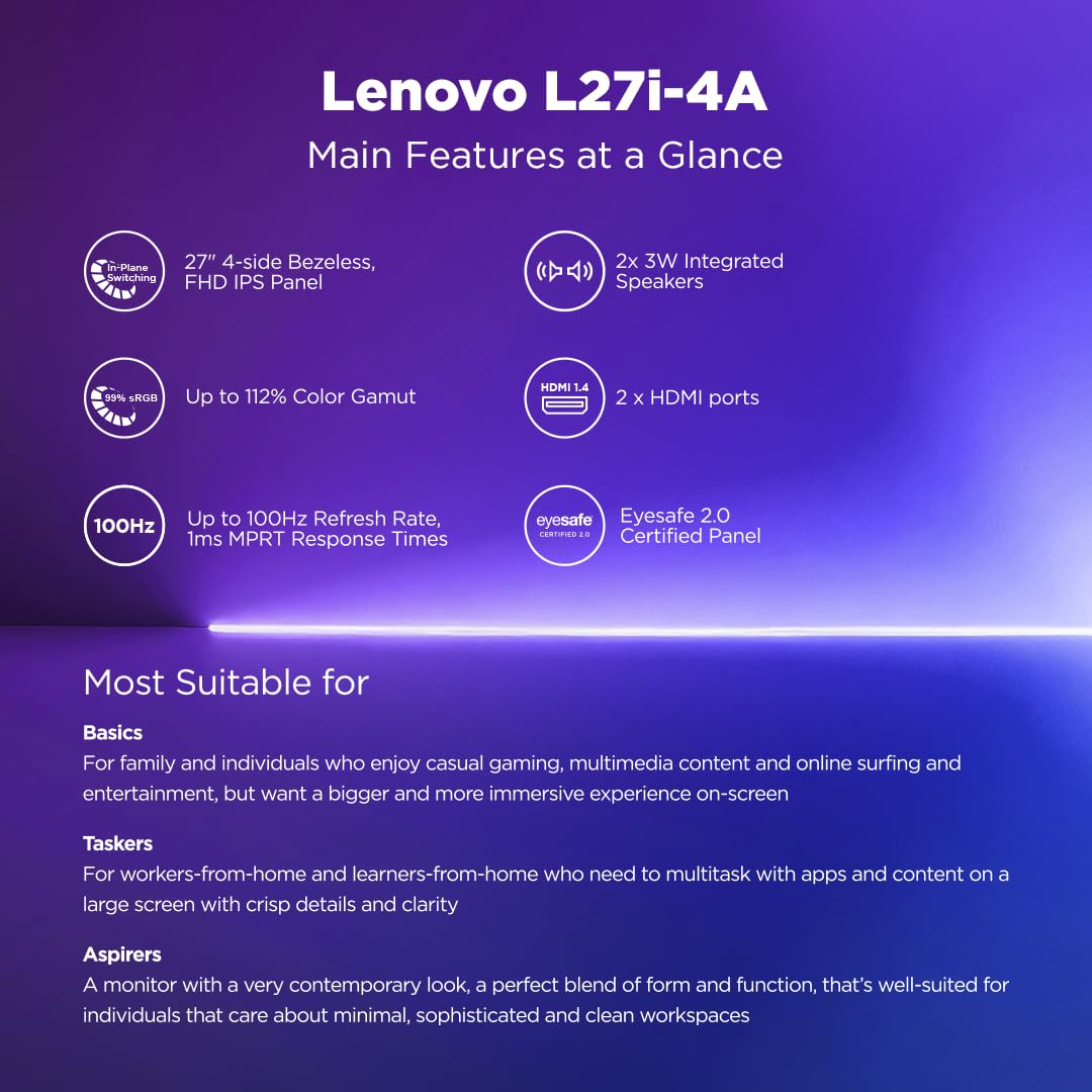 Lenovo L27i-4A, 27 inch (68.5cm), IPS, FHD 1920x1080, 100Hz, Cloud Grey, 1ms, FreeSync, 99% sRGB, 3Wx2 Speakers, Smart Display Customization Artery, 2X HDMI 1.4, VGA, Tilt Monitor