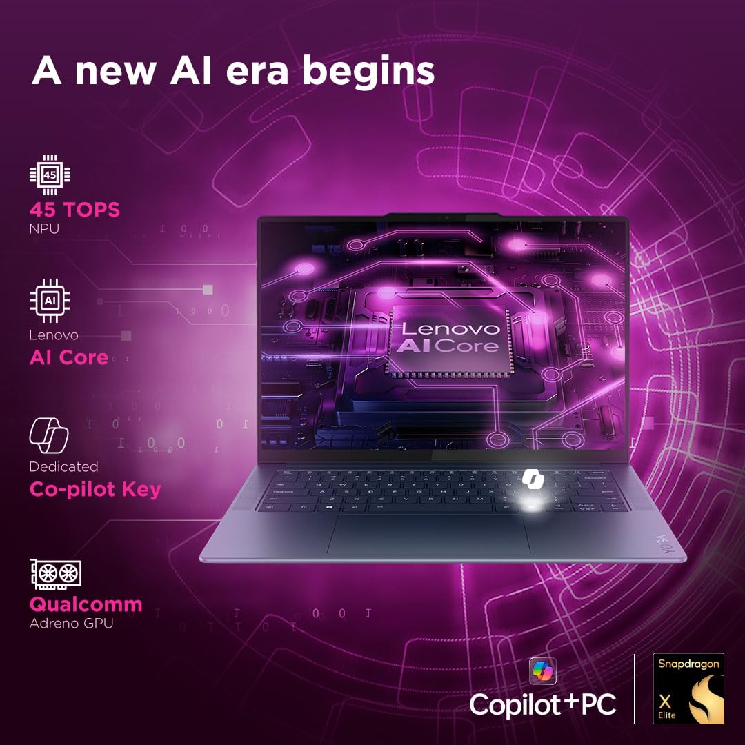 Lenovo Yoga Slim 7 Snapdragon X Elite X1E Built in-AI with Copilot+ 14"(35.5cm) 3K OLED 500Nits Touchscreen Laptop (32GB/1TB SSD/90Hz/Qualcomm NPU 45TOPS/Win11/MSO/1Yr ADP Free/Grey/1.4Kg), 83ED003BIN