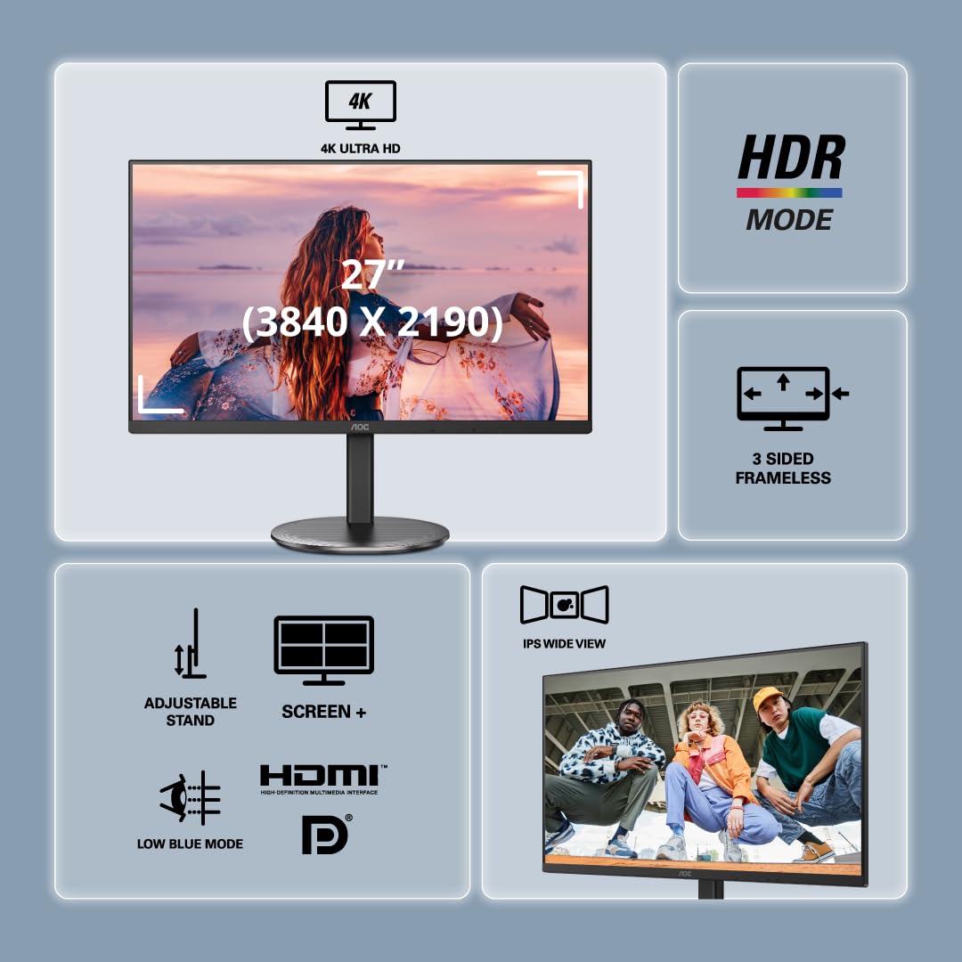 AOC U27V4 27" Ultra HD 4K Monitor, IPS Display, Flicker-Free, Low Blue Light, HDR Mode, Adaptive Sync, Dual HDMI 2.0 Port, Built-in Speakers, 350nits Brightness, Screen Shield, Height Adjustable Stand