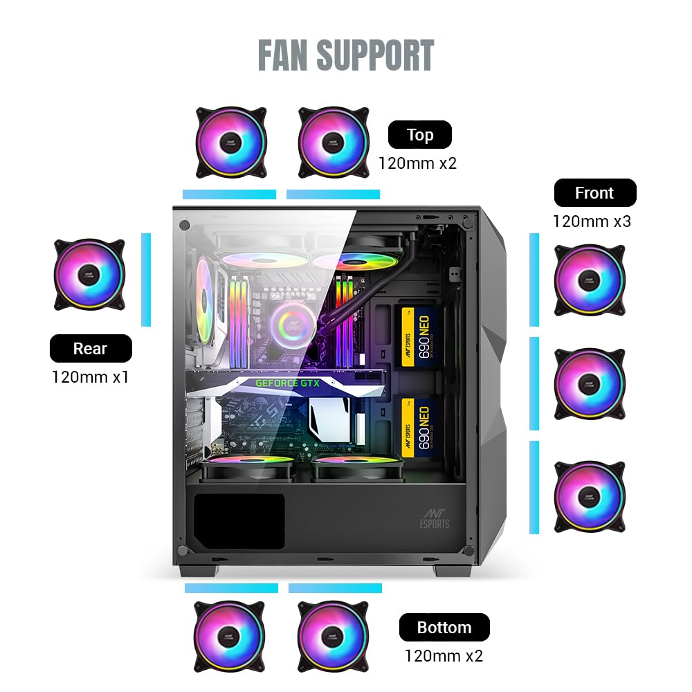 Ant Esports ICE-300 Mesh V2 Mid Tower Gaming Cabinet | High Airflow Mesh Front Panel | 4 Pre-Installed 120mm ARGB Fans | ATX, Micro-ATX, Mini-ITX Motherboard Support | Liquid Cooling Ready (Black)