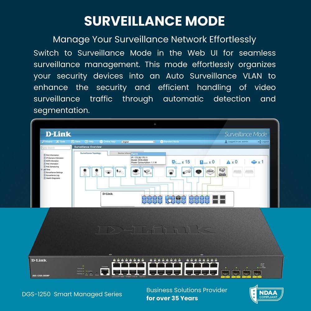D-Link 52-Port Gigabit Smart Managed Switch | 48 Gigabit Ports + 4 10G SFP+ Ports| L2+/L3 Lite |VLANs |Web Managed |Surveillance Mode | Rackmount | NDAA Compliant (DGS-1250-52X-6KV)