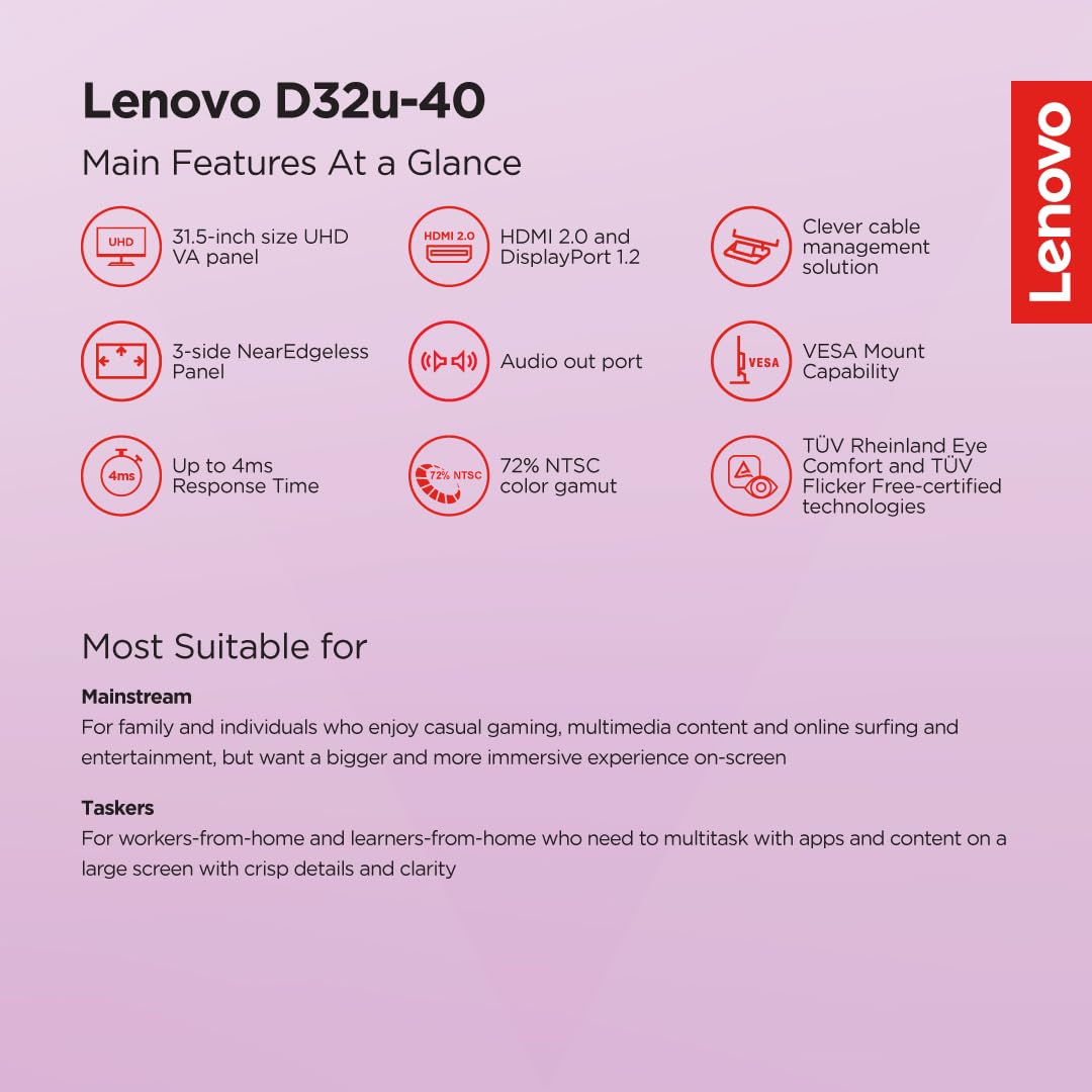 Lenovo D-Series 32 Inch (80Cm), LCD 3840X2160 Pixels 4K Monitor | 60Hz, 72% NTSC, 4Ms, 2Xhdmi 2.0, DP 1.2, Tilt Stand, VESA Mount: for Home & Office Use, 3 Year Warranty, Black, D32U-40
