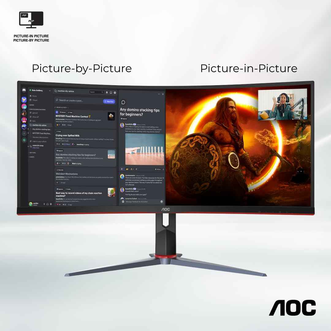 AOC CU34G2XP/BK, 34'' Ultrawide 1500R Curved Gaming Monitor offering WQHD Resolution, 180Hz Refresh Rate, 1.0ms GTG, FreeSync Premium, Display HDR 400, Height Adjustable Stand, Multiview (PIP,PBP)