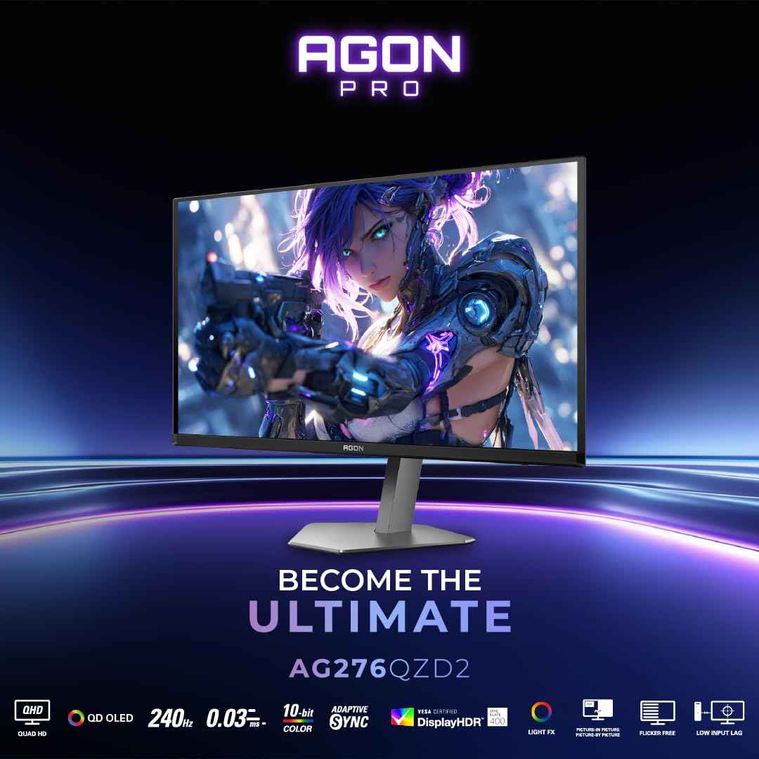 AOC AG276QZD2 27" QHD QD-OLED Gaming Monitor, 240Hz, 0.03ms GtG, HDR TrueBlack 400, USB Hub, Light FX Illumination Effects at Back Panel, Esports Design, Height Adjustable Stand, Speakers