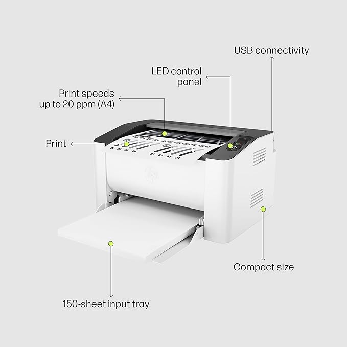 HP Laser 1008a Printer, Single Function, Print, Hi-Speed USB 2.0, Up to 21 ppm, 150-sheet Input Tray, 100-sheet Output Tray, 10,000-page Duty Cycle, 1-Year Warranty (Black and White) 714Z8A - Zapnet.in