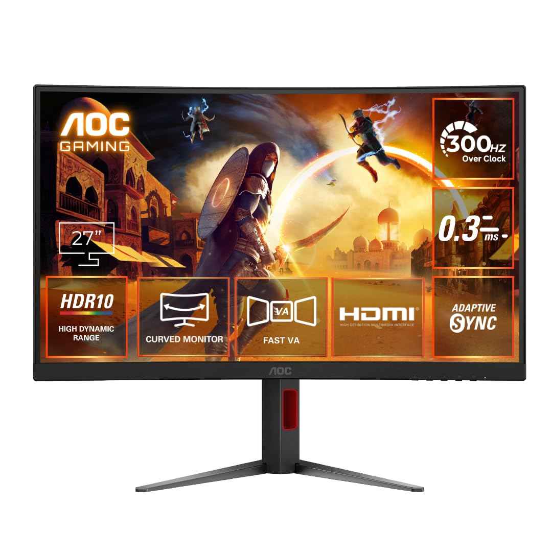 AOC C27G4Z 27" FHD Curved Monitor, 280Hz~300Hz Refresh Rate, 0.3ms MPRT, Fast VA Panel, 1500R, AMD Free Sync Premium, HDR10, Height Adjustable, Sniper Gaming Mode, Flicker-Free, HDMI 2.0