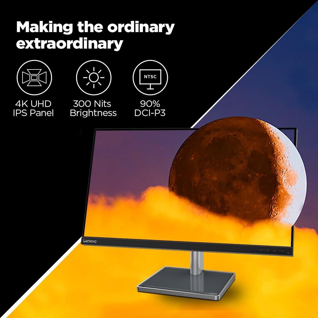 Lenovo L-Series 71.1Cm (28") 3840X2160 Pixels IPS 4K Uhd Monitor | 1.07 Billion Colors, 300 Nits, 90% Dci-P3, 2X2W Speakers, AMD Freesync, Hdmi, 360° Revolving and 90° Rotating Screen(L28U-35, Black)