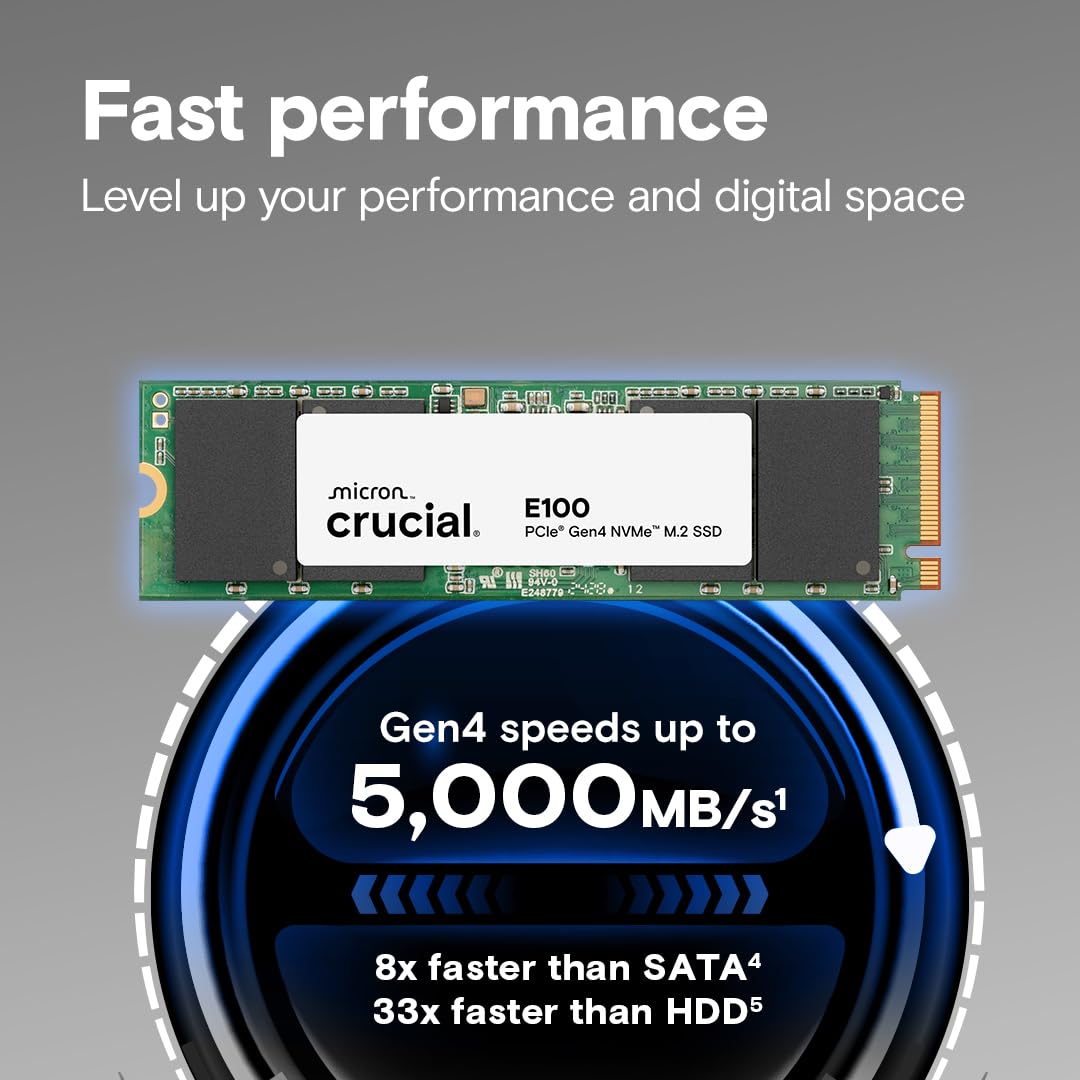 Crucial E100 1TB M.2 NVMe PCIe Gen4 Internal SSD, Up to 5,000MB/s, Laptop & Desktop Compatible - CT1000E100SSD8