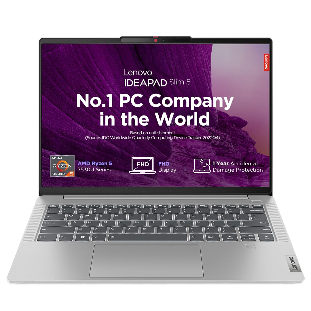 Lenovo Ideapad Slim 5 Light Ryzen 5 7530U 14" (35.5Cm) AMD FHD IPS 300 Nits Thin & Light Laptop (16GB/512GB SSD/Win 11/MSO 21/Backlit KB/FHD Camera/Alexa/3 Month Game Pass/Grey/1.24Kg), 82XS002RIN