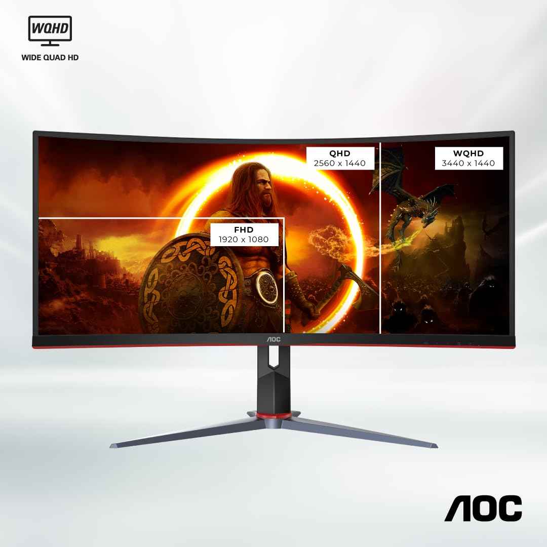 AOC CU34G2XP/BK, 34'' Ultrawide 1500R Curved Gaming Monitor offering WQHD Resolution, 180Hz Refresh Rate, 1.0ms GTG, FreeSync Premium, Display HDR 400, Height Adjustable Stand, Multiview (PIP,PBP)