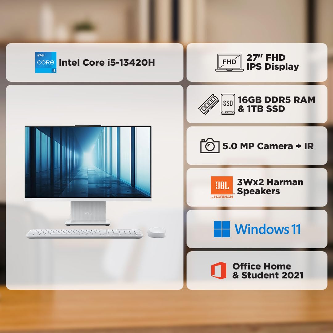 Lenovo IdeaCentre AIO Intel Core i5 13420H 27" FHD IPS 3-Side Edgeless All-in-One Desktop with Alexa Built-in (16GB/1TB SSD/Win11/Office 2021/5.0MP+IR Camera/Wireless EOS Keyboard & Mouse), F0HM003CIN