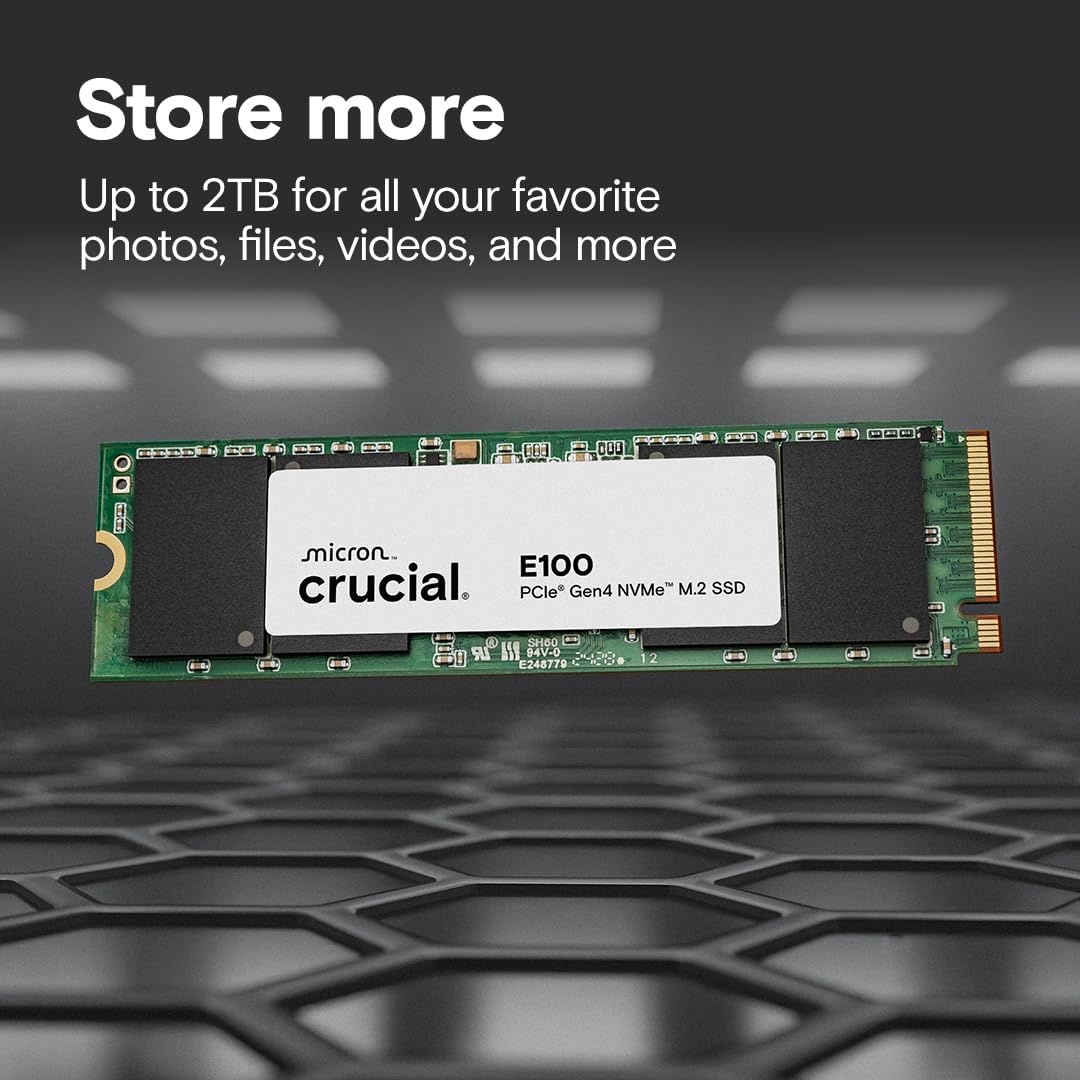 Crucial E100 SSD 480GB M.2 NVMe PCIe Gen4 Internal SSD, Up to 4,700MB/s, Laptop & Desktop Compatible - CT480E100SSD8