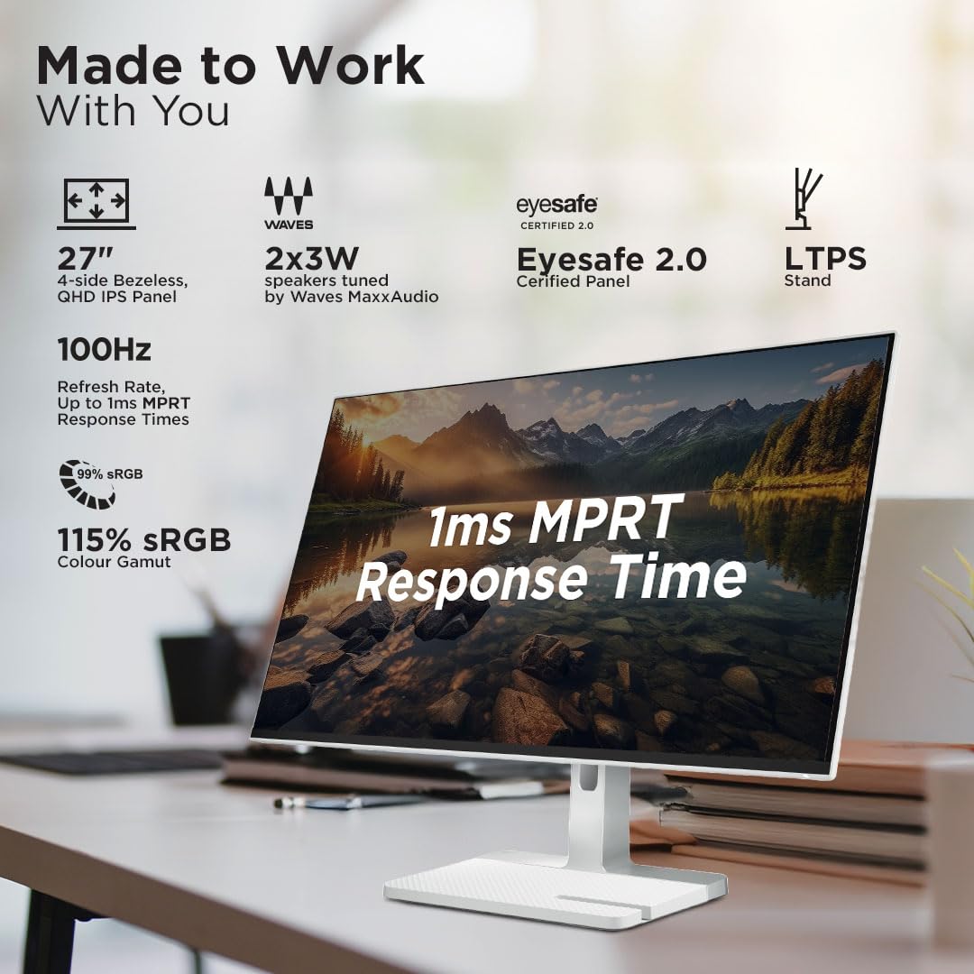 Lenovo L-Series 27 inch (68.5cm) QHD IPS Monitor| 100Hz, 1ms, FreeSync, 99% sRGB, 90% DCI-P3, 3Wx2 Speakers, 2X HDMI 2.1, 1x DP 1.4, Tilt, Swivel, Pivot Height Adjust Stand, Grey, L27q-4A