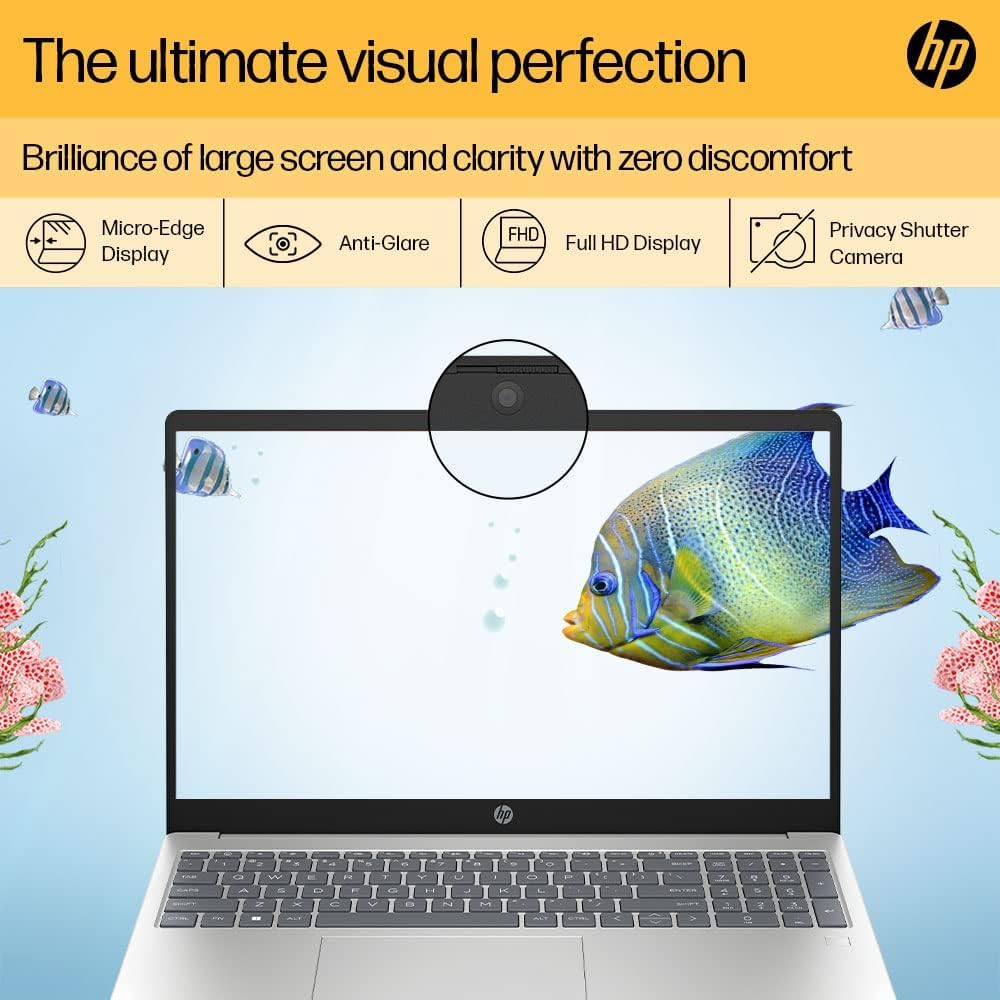 HP Laptop 15, AMD Ryzen 5 7520U, 15.6-inch (39.6 cm), FHD, 8GB LPDDR5, 512GB SSD, AMD Radeon Graphics, FPR, FHD Camera w/Privacy Shutter, Backlit KB (Win 11, MSO 2021, Silver, 1.6 kg), 15-fc0029AU//