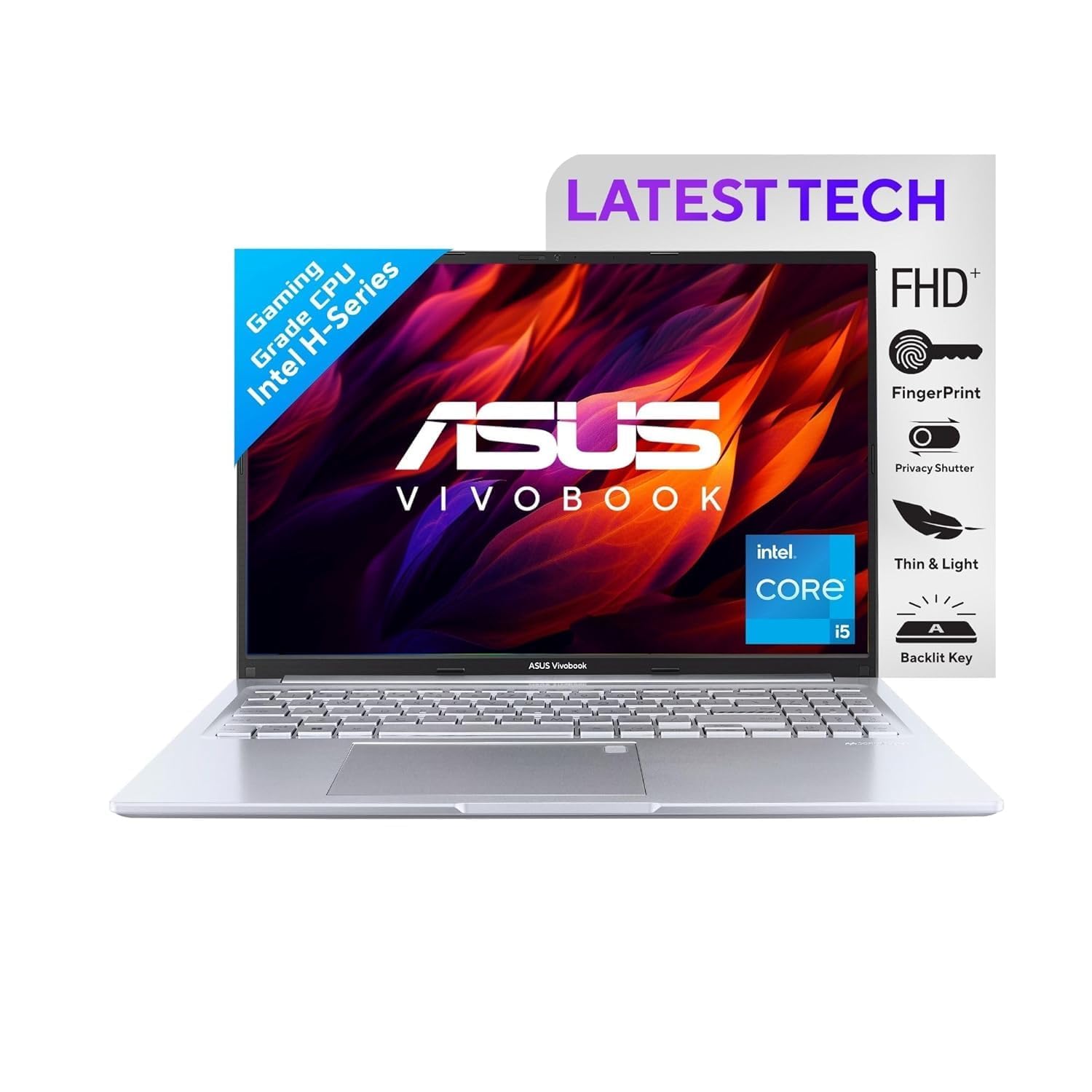 ASUS Vivobook 16, Intel Core i5-12500H, 16GB RAM, 512GB SSD, FHD+ 60Hz 300Nits, 16", Windows 11, MS Office Home, Transparent Silver, 1.88KG, X1605ZAC-MB541WS, Fingerprint, 42Whr Battery Laptop