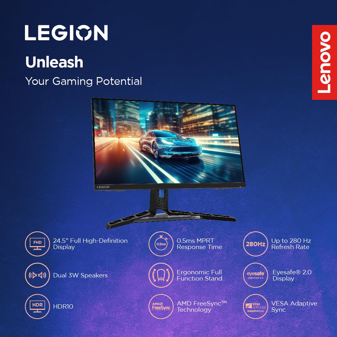 Lenovo Legion R25f-30, 25 Inch (63.50cm), FHD 1920x1080, 240Hz, Black, 0.5ms, AMD FreeSync, 99% sRGB, 90% DCI-P3, 3Wx2 Speaker, 2xHDMI, 1xDP, Tilt, Swivel, Pivot, Height Adjust Stand Gaming Monitor