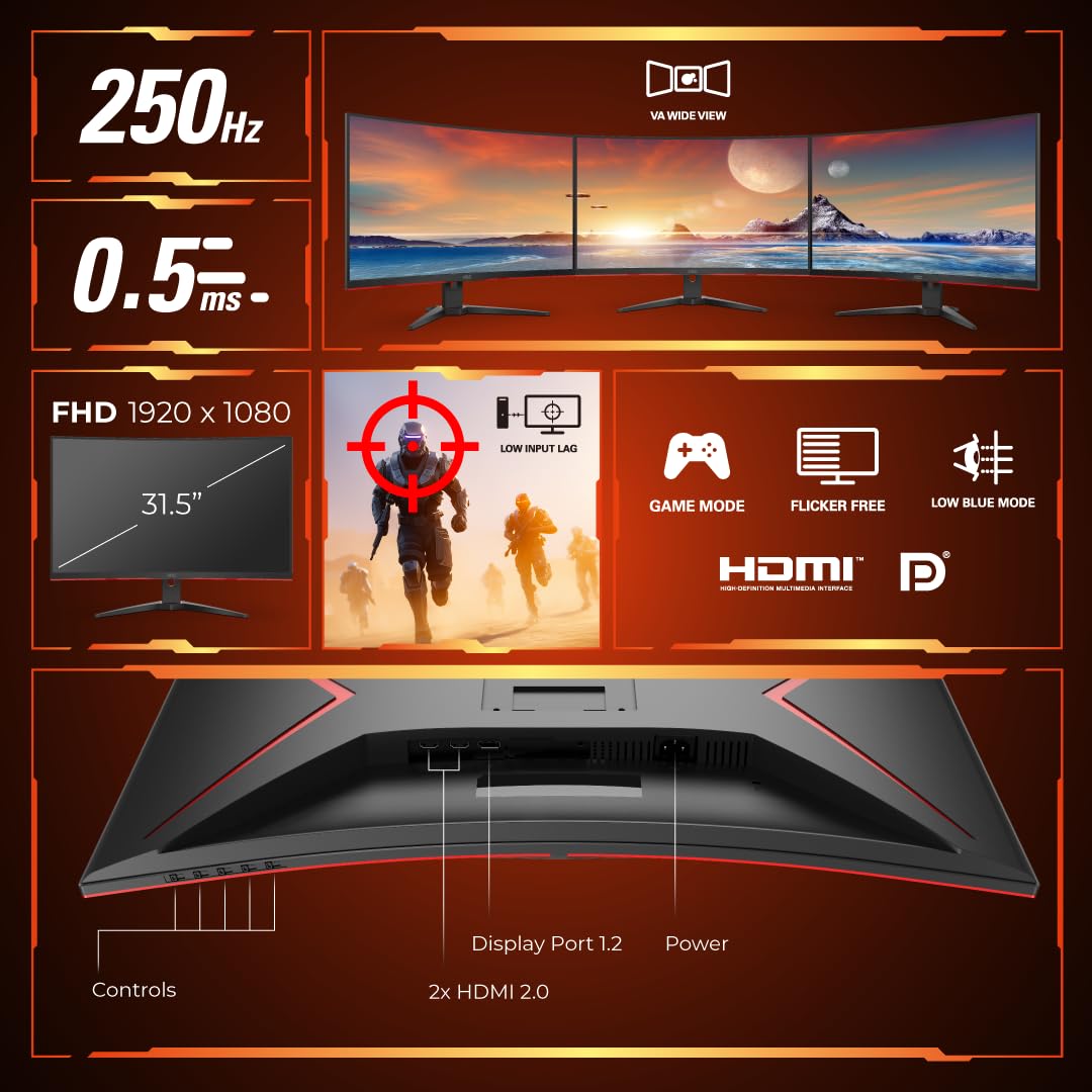 AOC C32G2ZE2 32" FHD 1500R Curved Gaming Monitor, 250Hz Refresh Rate, 0.5ms Response, HDR10, Adaptive Sync, VA Panel, Low Input Lag, HDMI/DP, Frameless Design, Flicker-Free, Low Blue Mode