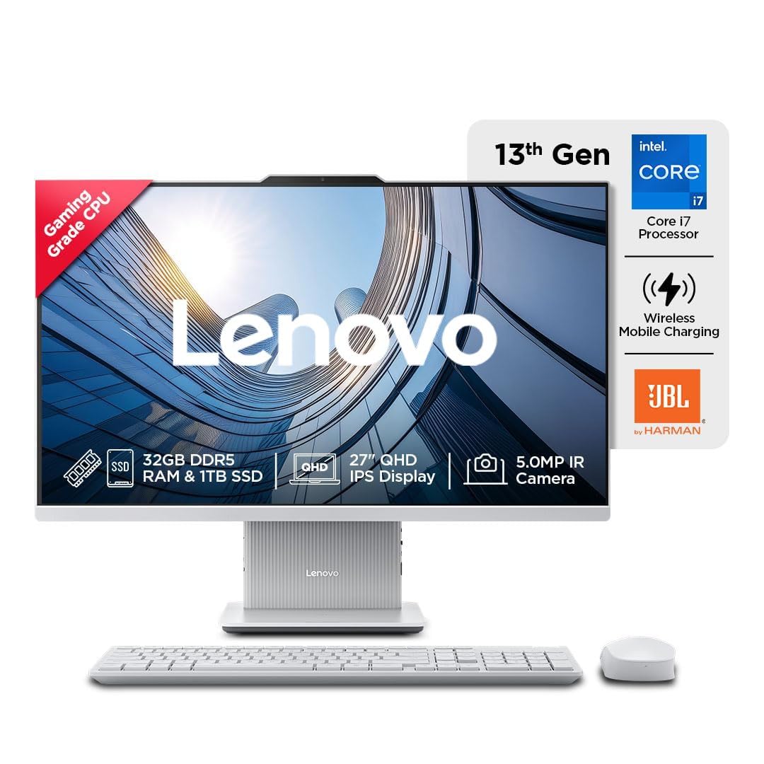 Lenovo IdeaCentre AIO Intel Core i7 13620H 27" QHD IPS 3-Side Edgeless All-in-One Desktop (32GB/1TB SSD/Win11/Office 21/5.0MP+IR Camera/3Wx2 Harman Speakers/Wireless EOS Keyboard & Mouse), F0HM0067IN
