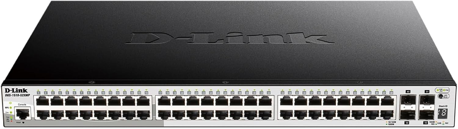 D-Link 52-Port Gigabit Stackable Smart Managed PoE+ Switch with 10G Uplinks | 48 PoE+ (740W) + 4 10GbE SFP+ Ports| L2+/L3 Lite |VLANs |Web Managed |Surveillance Mode | NDAA Compliant (DGS-1510-52XMP)