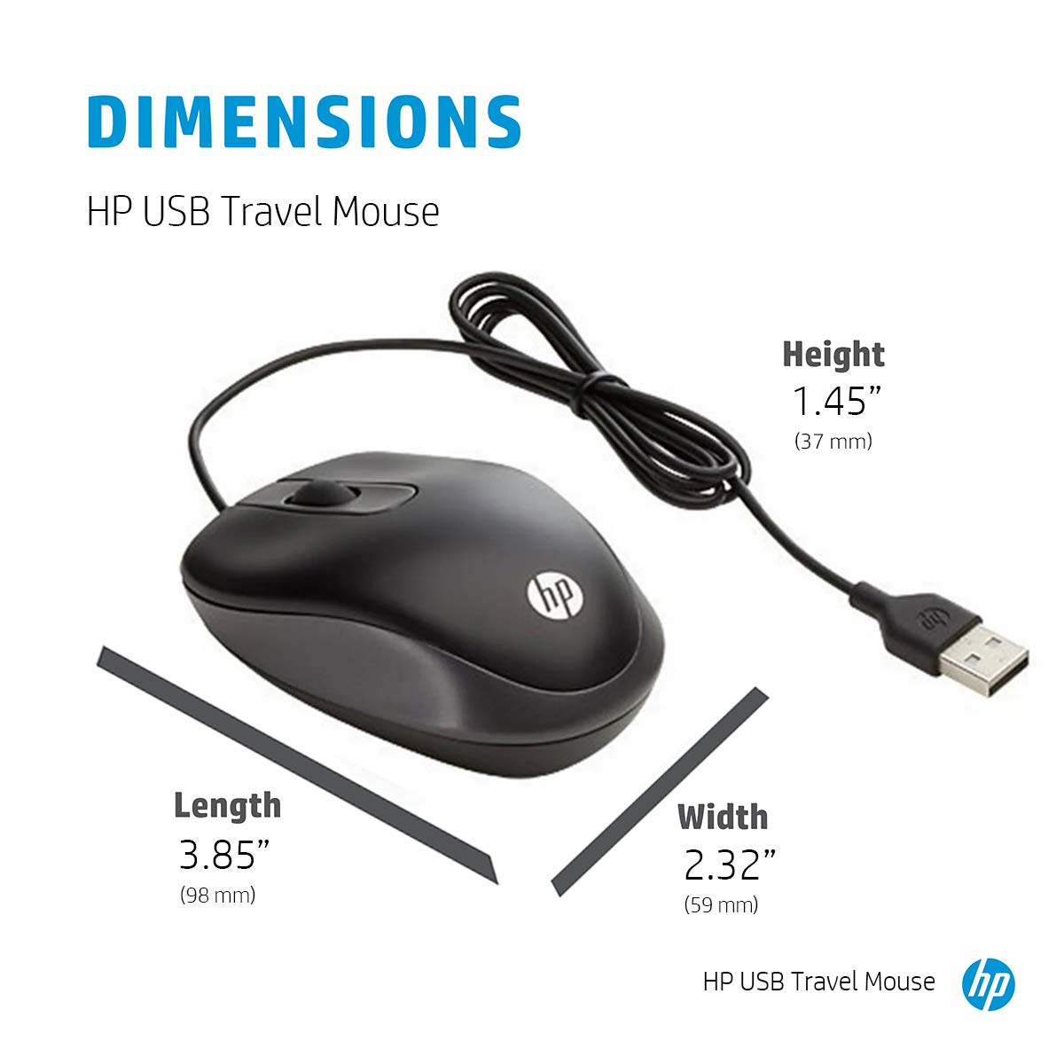HP USB Travel Wired Mouse with 1000DPI and 3 programable Buttons (G1K28AA), Black