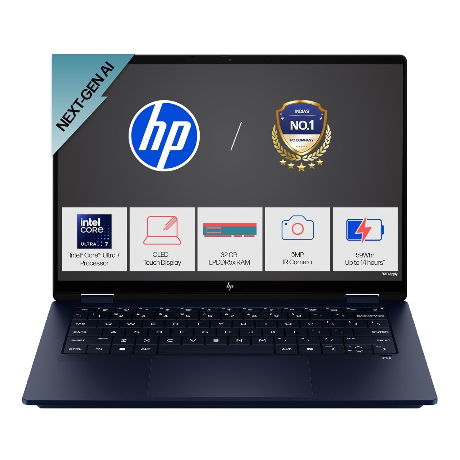 HP Envy X360 Convertible, Enhanced by AI, Intel 14th Gen Evo Core Ultra 7 155U, 14-inch (35.6 cm), 2.8K OLED, 400 nits, 32GB, 1TB SSD, Touch, 5MP IR Camera, (Win 11 Home+MSO, Blue,1.44 Kg), FC0100TU