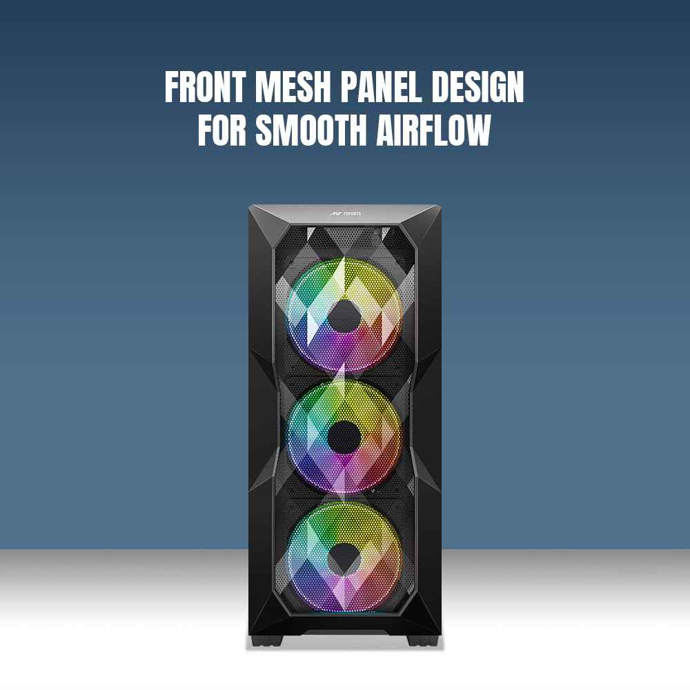 Ant Esports ICE-300 Mesh V2 Mid Tower Gaming Cabinet | High Airflow Mesh Front Panel | 4 Pre-Installed 120mm ARGB Fans | ATX, Micro-ATX, Mini-ITX Motherboard Support | Liquid Cooling Ready (Black)