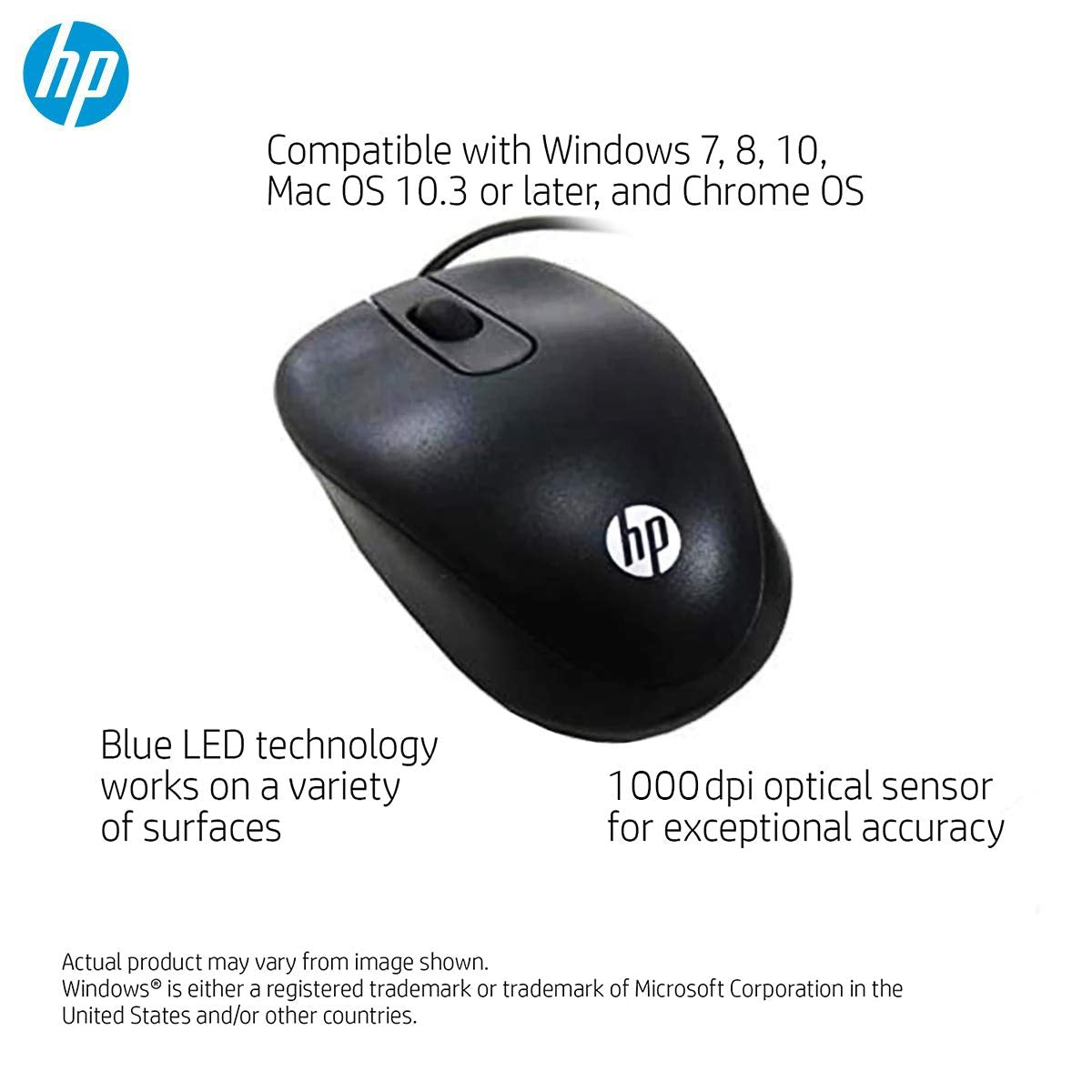 HP USB Travel Wired Mouse with 1000DPI and 3 programable Buttons (G1K28AA), Black