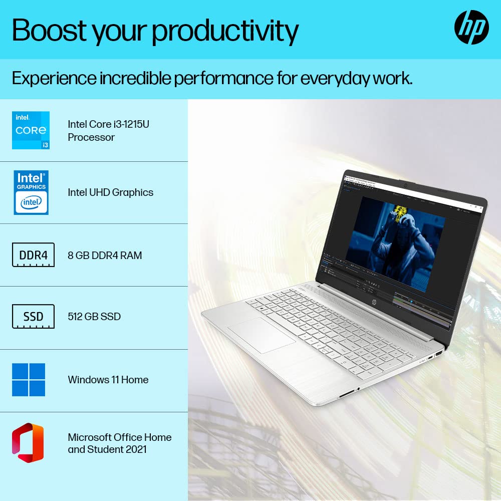 HP Laptop 15s, 12th Gen Intel Core i3-1215U, 15.6 inch(39.6cm) FHD Laptop(8GB RAM,512GB SSD,Intel UHD Graphics,Alexa,Dual Speakers,Numeric Keypad,Win 11,MSO 211.69 Kgs,Natural Silver) 15s-fr5009TU