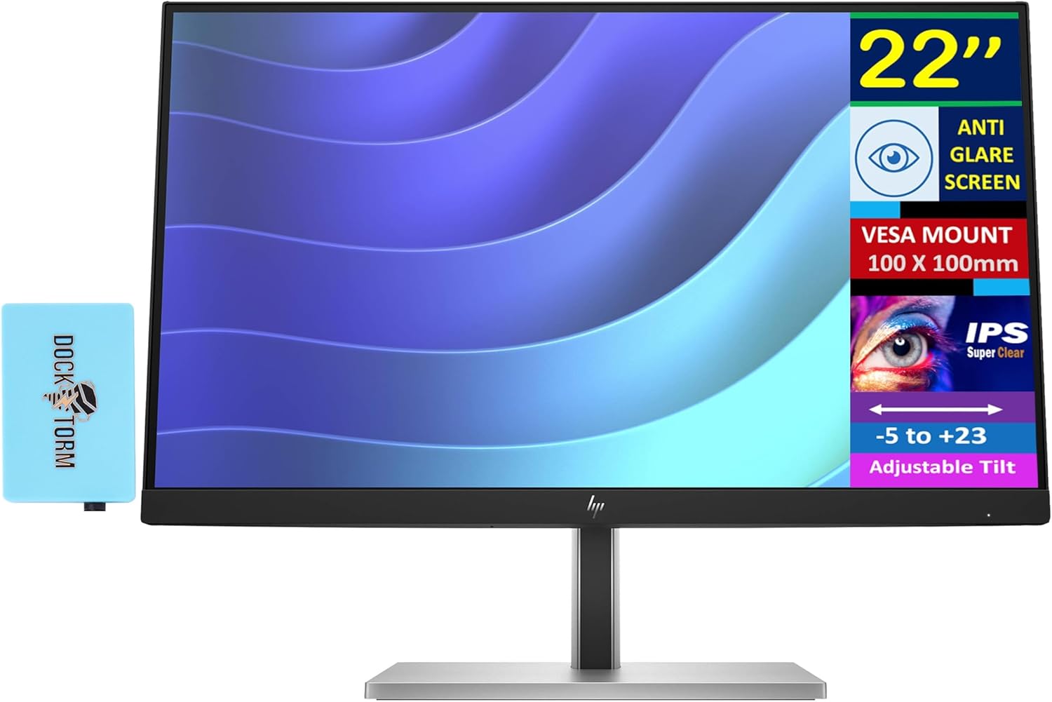HP E22 G5 22" FHD IPS Monitor w/ 5ms Response Time, Anti Glare, Flicker Free, VESA Mount (100mm), Displayport, HDMI & Dockztorm USB Port Expander, Black/Silver (6N4E8AA#ABA - 2025 Latest Model)