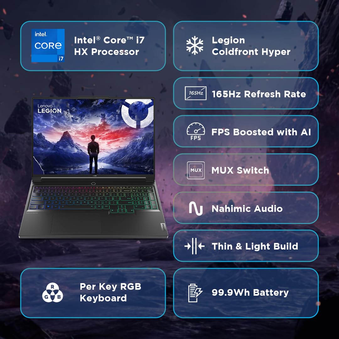 Lenovo Legion 7 Intel Core i7-14700HX 16" (40.64cm) 3.2K IPS 430Nits 165Hz Gaming Laptop (32GB/1TB SSD/Win 11/Office 2021/NVIDIA RTX 4070 8GB/100% DCI-P3/3m Game Pass/Eclipse Black/2.24Kg), 83FD0010IN