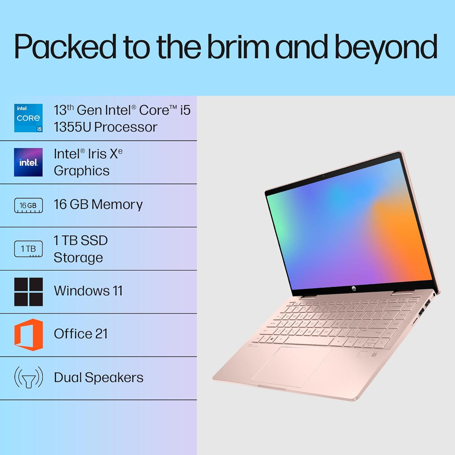 HP Pavilion x360, 13th Gen Intel Core i5-1335U, 16GB DDR4, 1TB SSD, (Win11, Office21, Rose Gold,1.41kg), Touchscreen, IPS, 14inch(35.6cm) FHD Laptop, Intel Iris Xe Graphics, 5MP Camera, Pen, ek1009TU