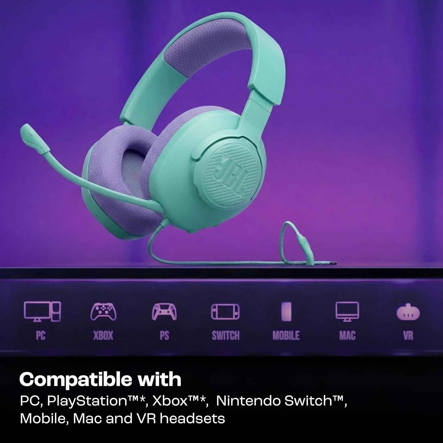 JBL Quantum 100M2 Wired Gaming Headphones, Supports Windows Sonic Spatial Audio, 40mm Realistic Dynamic Drivers, Omnidirectional Detachable Mic, Breathable Memory Foam Cushions, PC/Xbox/PS/3.5mm-Cyan