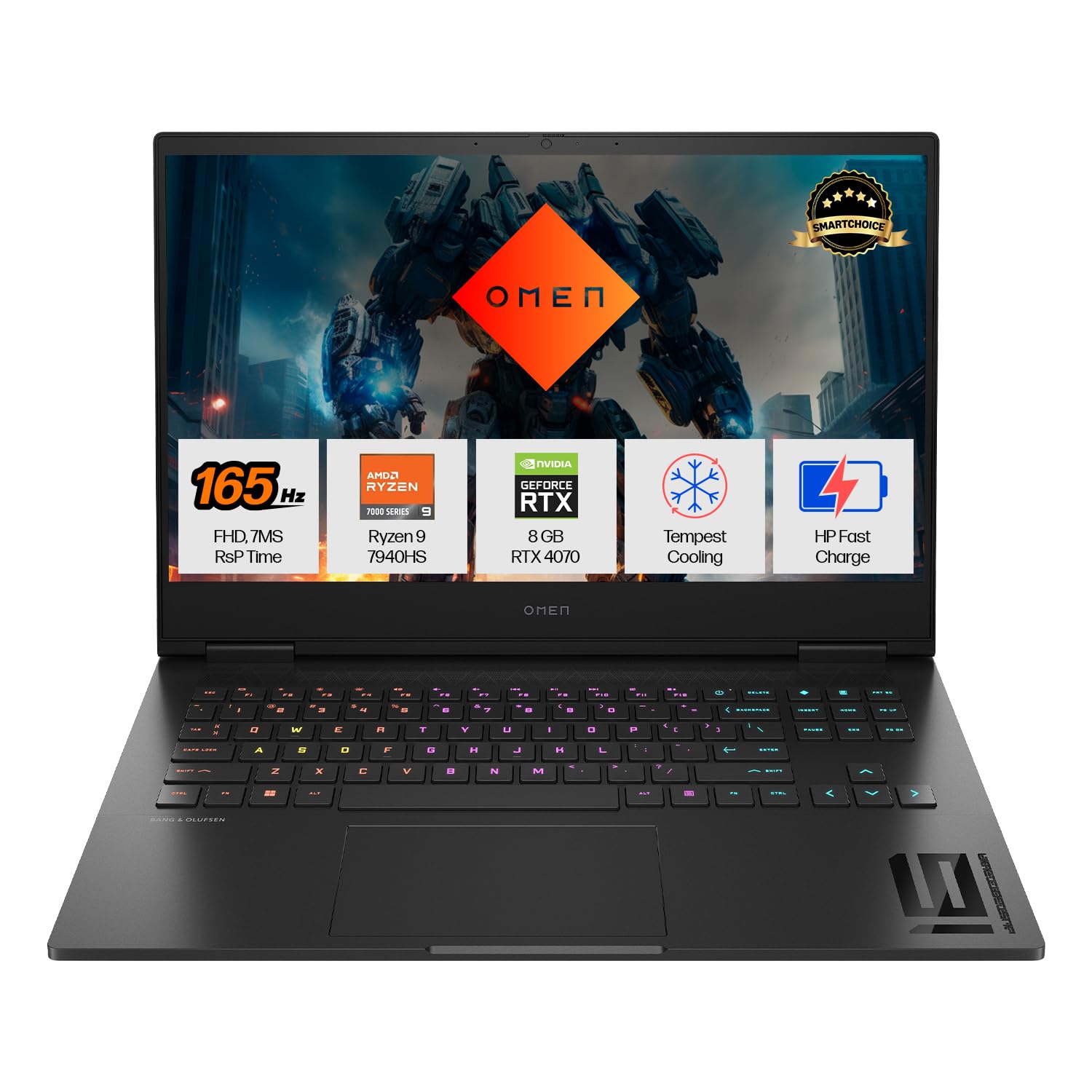 HP Smartchoice Omen,Windows 11 Home AMD Ryzen 9 7940HS,8GB RTX 4070(16GB DDR5,1TB SSD) FHD,165Hz,IPS,300 Nits,16.1''/40.9Cm,Black,2.38Kg,Xf0100Ax,RGB KB,B&O,Tempest Cooling,AI-Powered Gaming Laptop