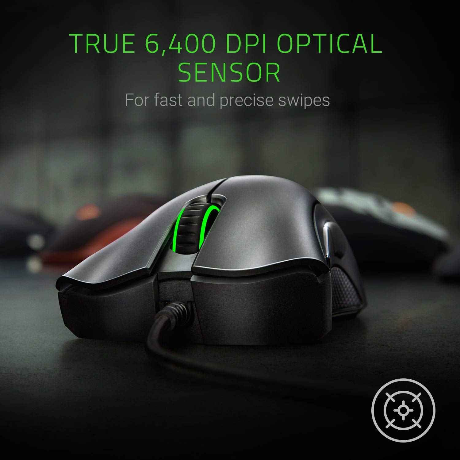 Razer DeathAdder Essential Wired Gaming Mouse I Single-Color Green Lighting I 6400DPI Optical Sensor- Black - RZ01-03850100-R3M1