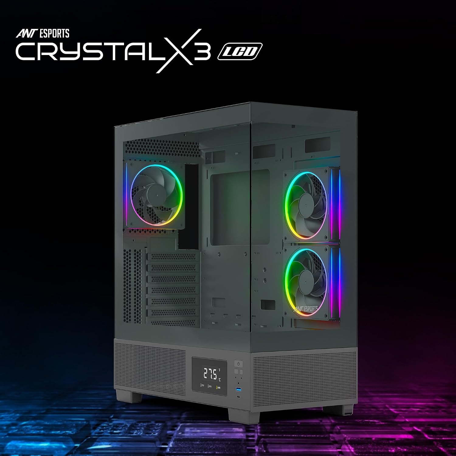 Ant Esports Crystal X3 LCD Mid-Tower ATX Computer Case/Gaming Cabinet - Black | Support ATX, Micro-ATX, Mini-ITX | Pre-Installed 3 ARGB Fans