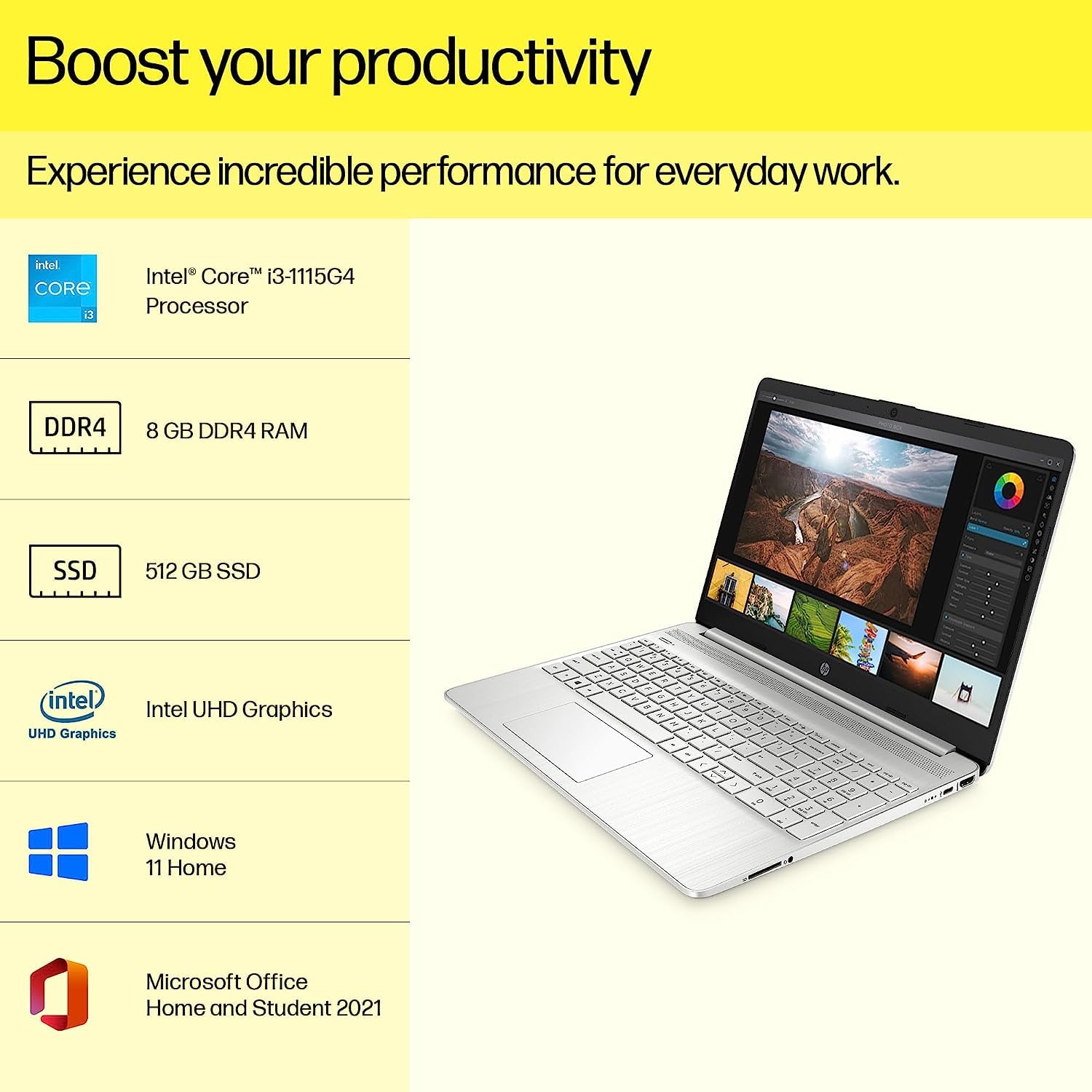 HP 15 Laptop, 11th Gen i3-1115G4 15.6 inch(39.6cm) FHD Laptop, 8GB DDR4, 512GB SSD, Intel UHD Graphics, Dual Speakers (Win 11, MSO 21, 1.69Kgs) 15s-fr2515TU