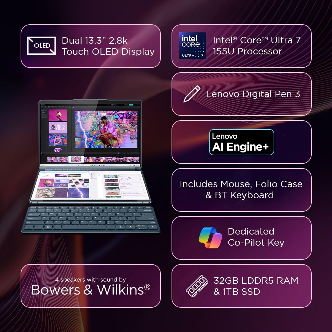Lenovo Yoga Book 9 Intel Evo Core Ultra 7 155U Built-in AI Dual 13.3" 2.8K OLED Display (2x33.7cm) with Pen+Silent Mouse+Keyboard |32GB/1TB SSD/Win 11/MSO 21/5.0MP IR Camera/Teal/1.3Kg, 83FF0034IN