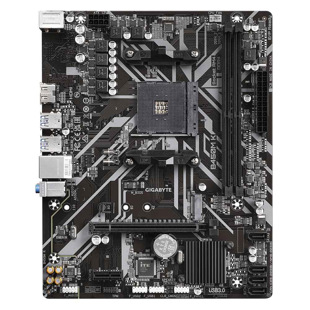 GIGABYTE B450M K Micro-ATX Motherboard – AMD AM4, DDR4 64GB, M.2, HDMI, USB 3.2, RAID Support