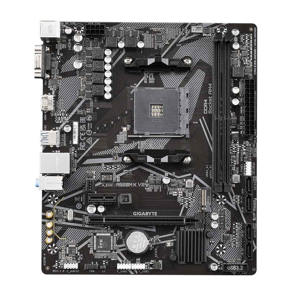GIGABYTE A520M K V2 (Rev. 1.0) Micro-ATX Motherboard – AMD AM4, DDR4 (5100 MHz OC), PCIe 3.0 x4 M.2, GbE LAN, HDMI + D-Sub, Smart Fan 5