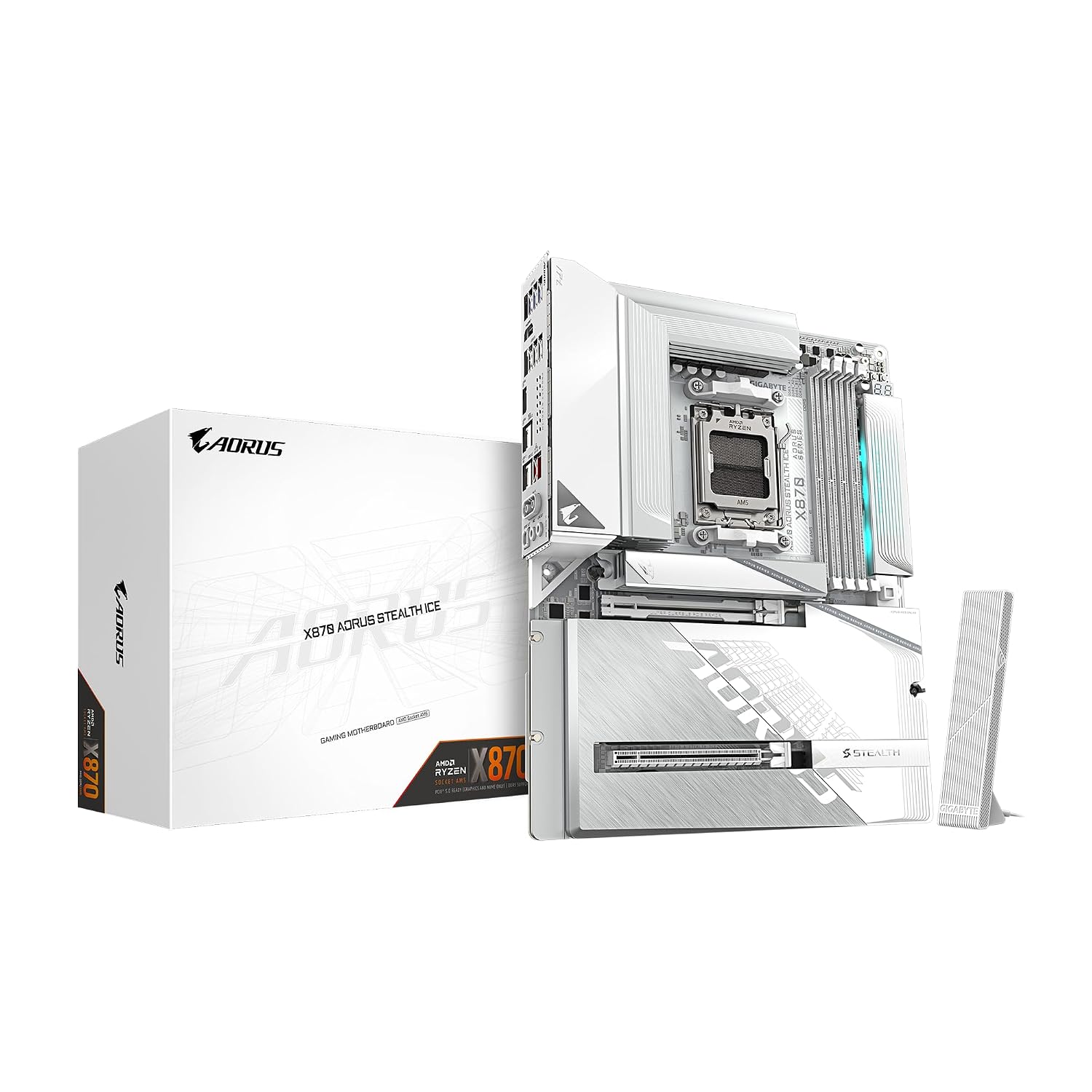 GIGABYTE X870 AORUS Stealth ICE AMD AM5 Motherboard, ATX, DDR5, 4X M.2, PCIe 5.0, 2xUSB-4,USB-C, WIFI7, 5GbE LAN, EZ-Latch