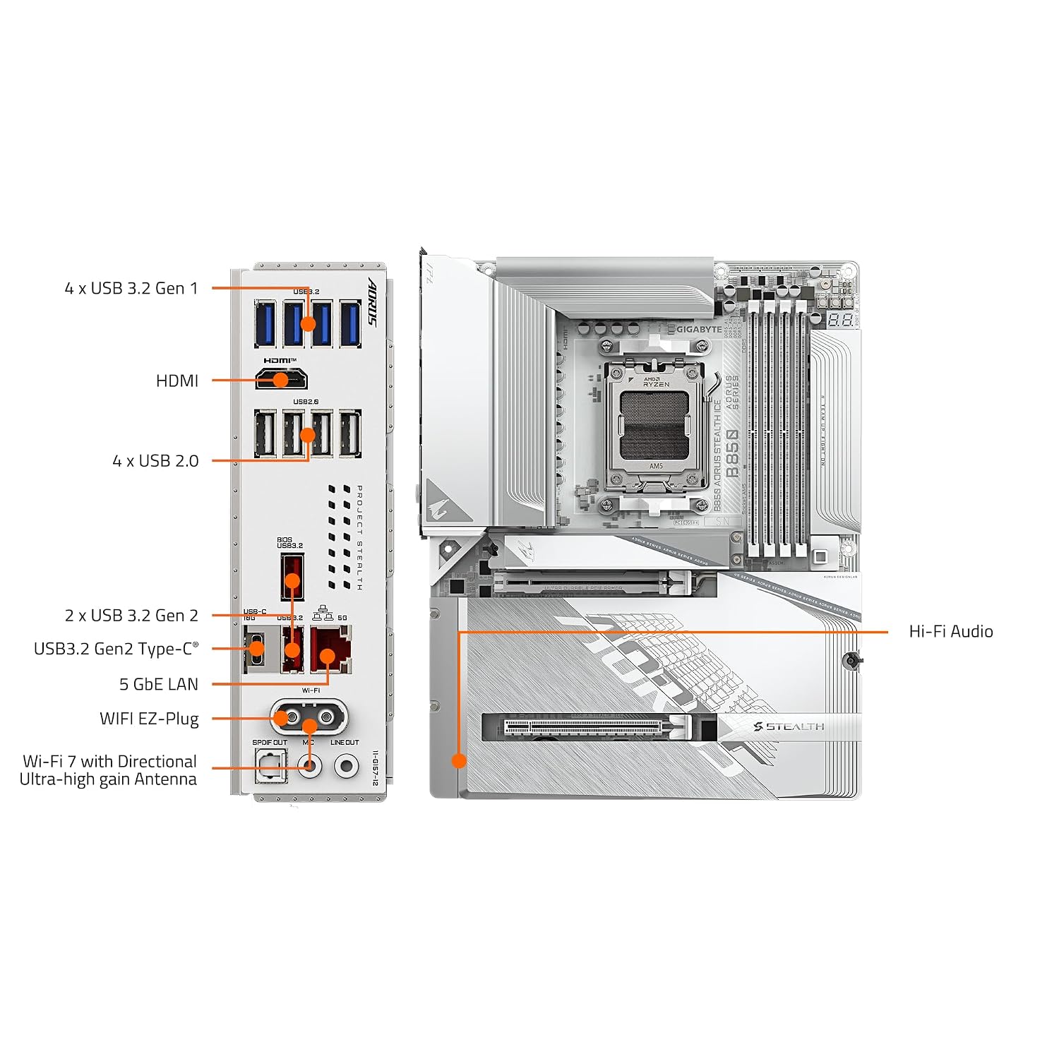 GIGABYTE B850 AORUS Stealth ICE AMD AM5 Motherboard, ATX, DDR5, 4X M.2, PCIe 5.0, USB-C, WIFI7, 5GbE LAN, EZ-Latch,